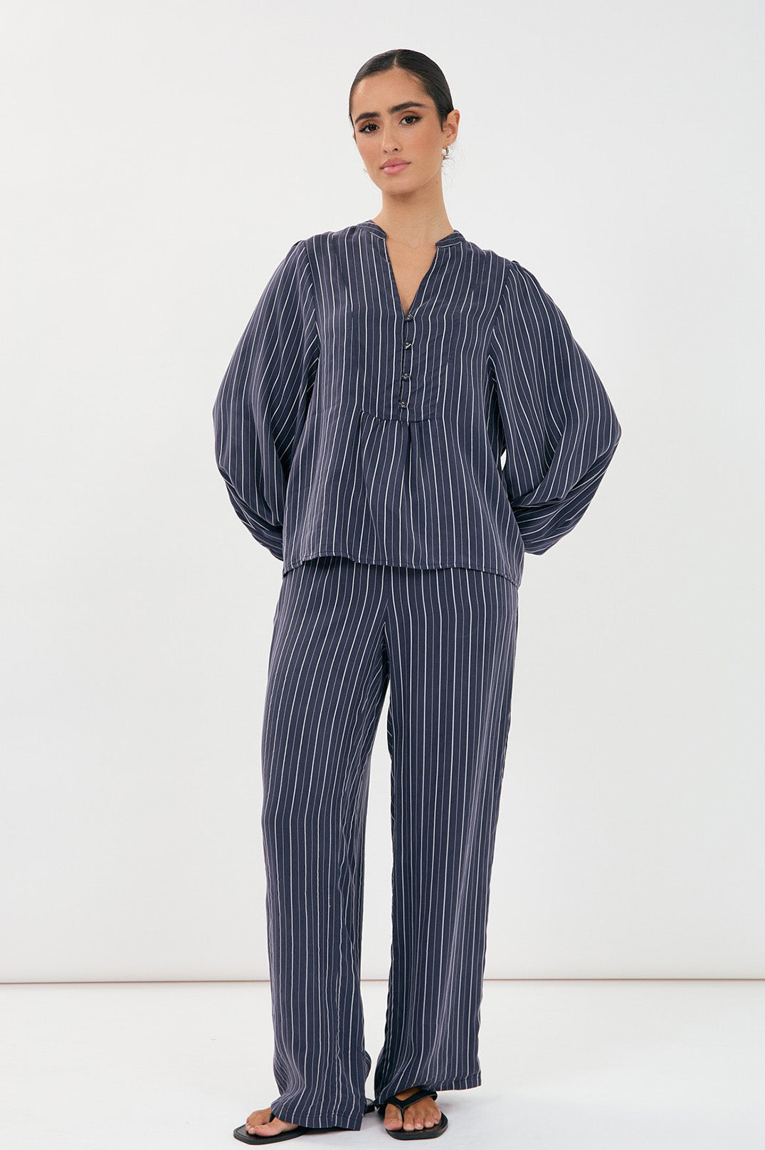 Adorne Issy Striped Cupro Top - Navy