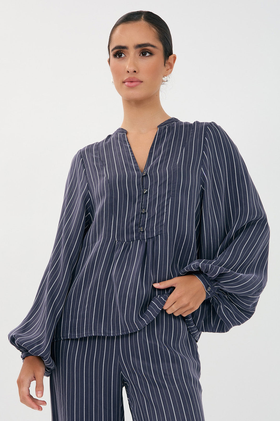 Adorne Issy Striped Cupro Top - Navy