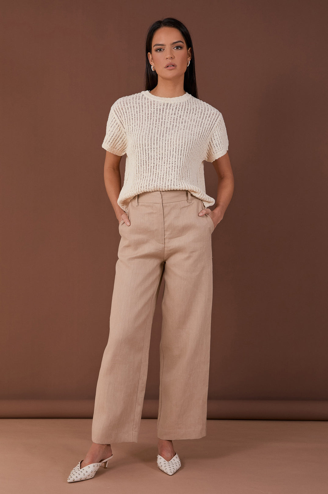 Adorne Lulu Wide Leg Linen Pant - Camel