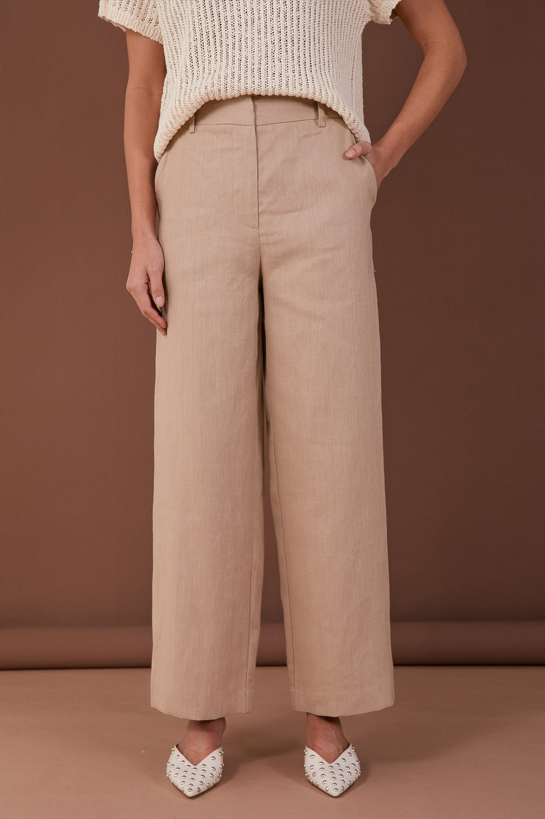 Adorne Lulu Wide Leg Linen Pant - Camel