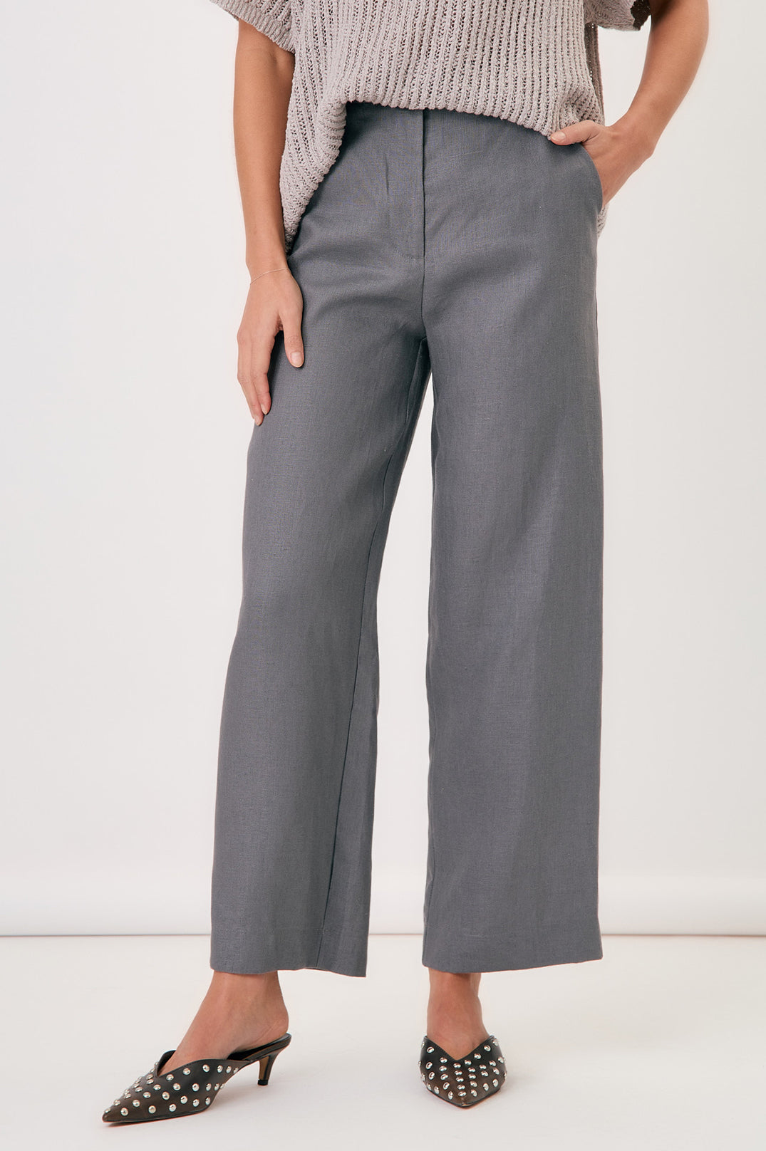 Adorne Lulu Wide Leg Linen Pant - Grey