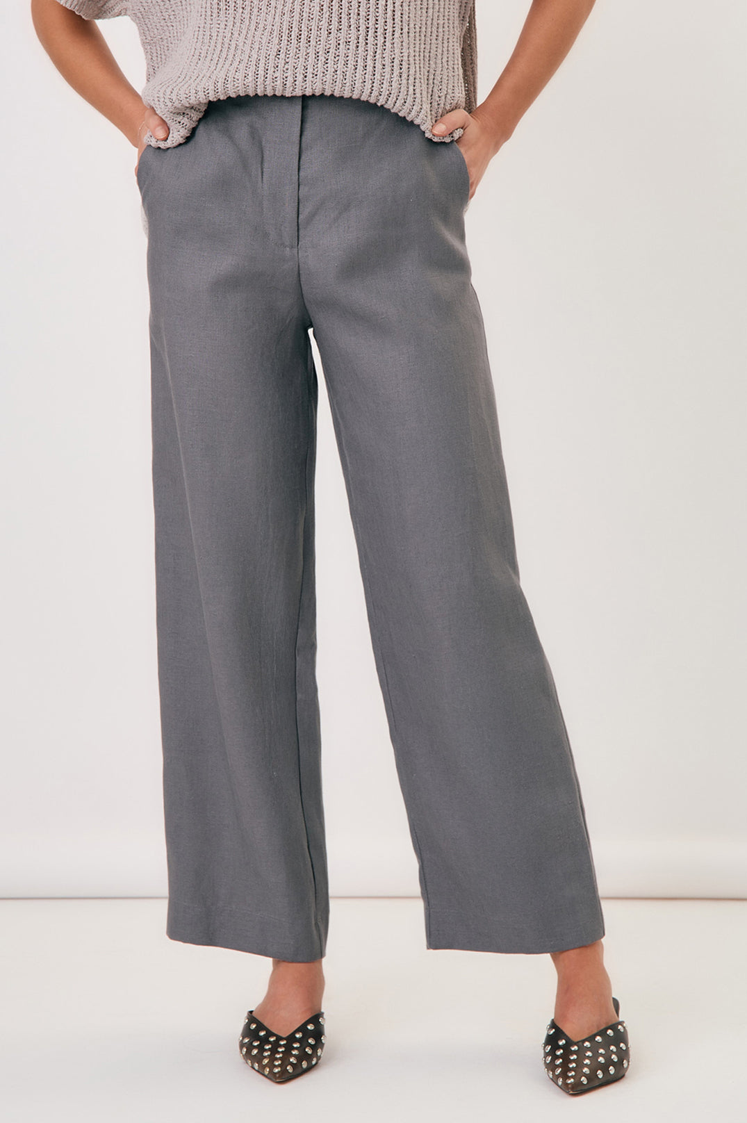 Adorne Lulu Wide Leg Linen Pant - Grey