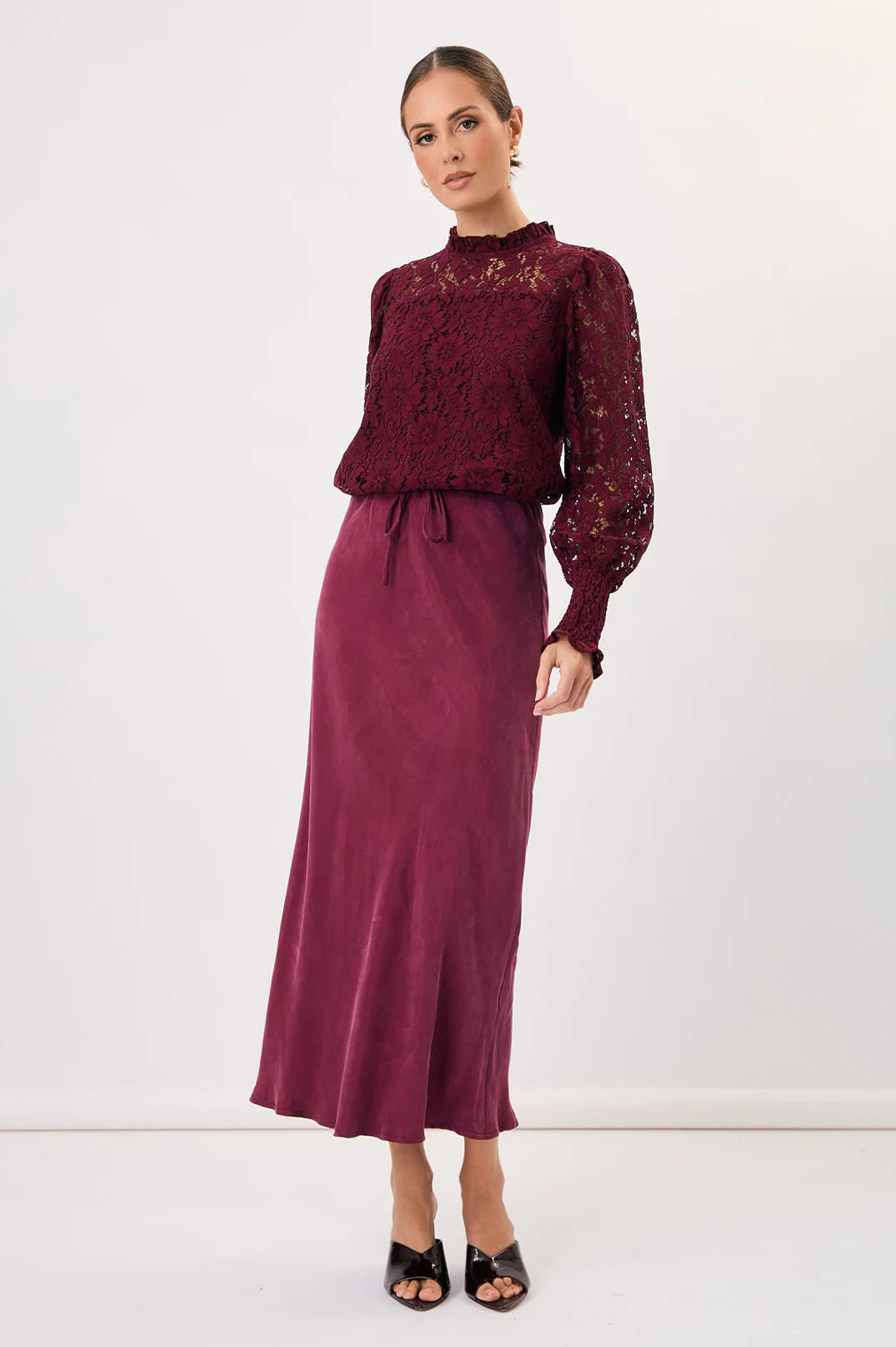 Adorne Olivia Long Sleeve Lace Top - Burgundy