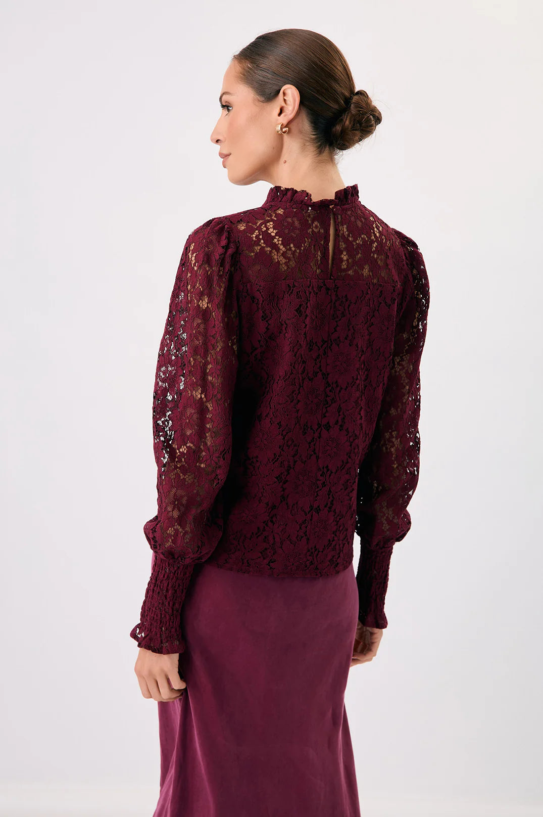 Adorne Olivia Long Sleeve Lace Top - Burgundy