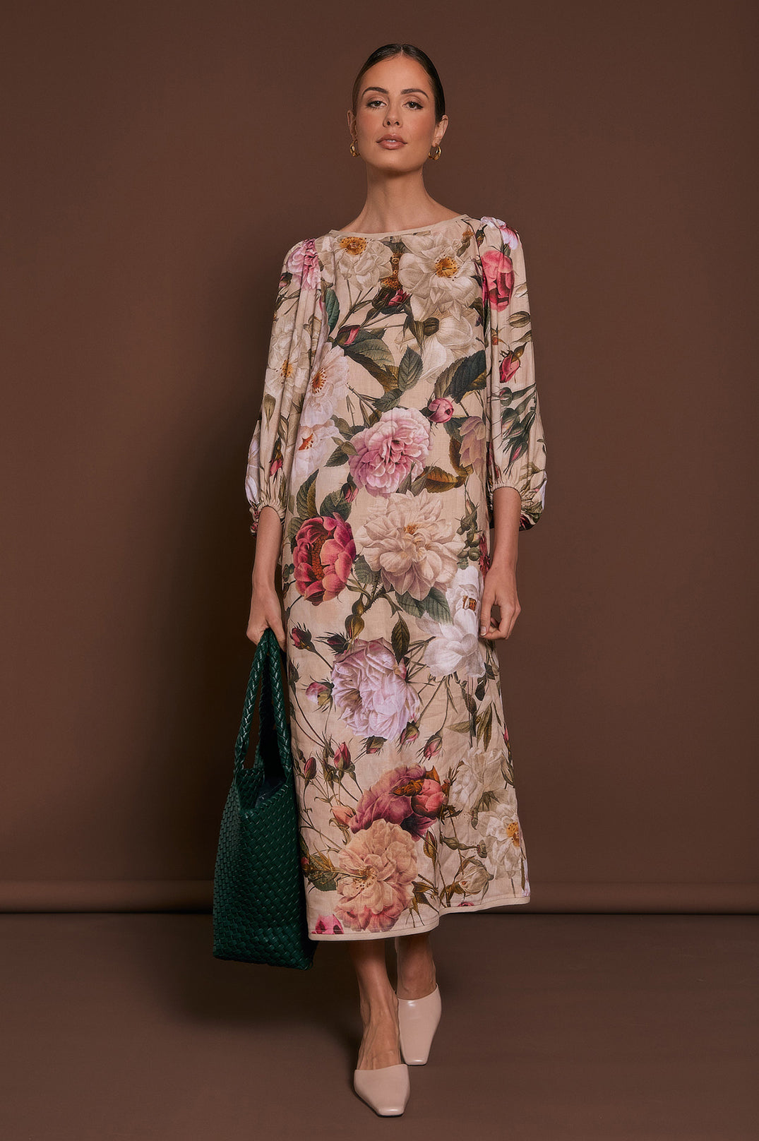 Adorne Marion Linen Floral Midi Dress