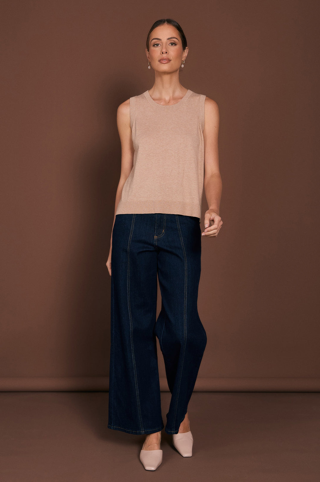 Adorne Tilly Cotton Cashmere Knit Top - Camel