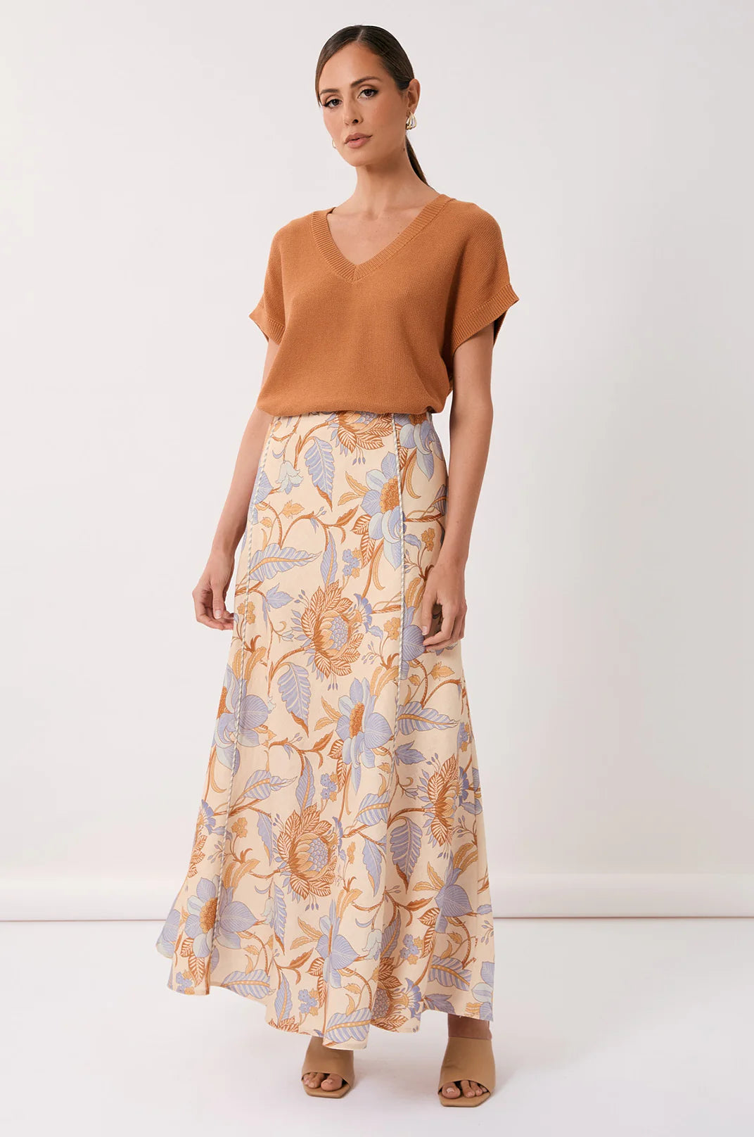 Adorne Erica Linen Print Midi Skirt