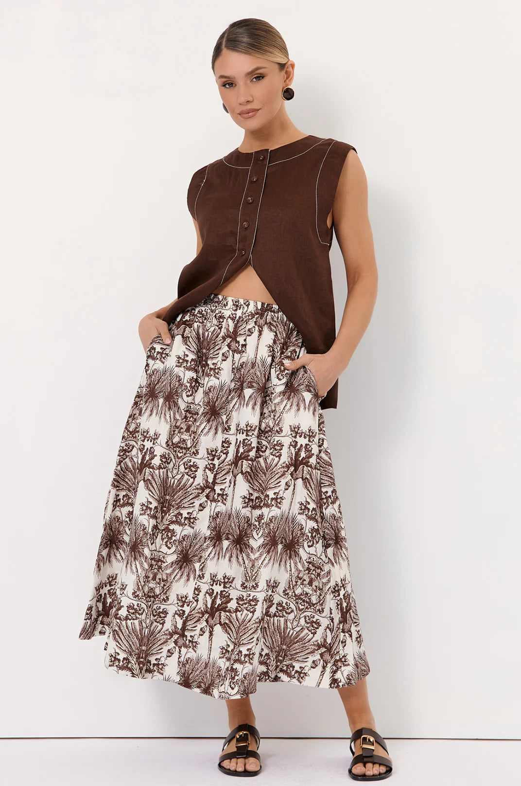 Adorne Lonnie Button Front Longline Linen Top - Chocolate