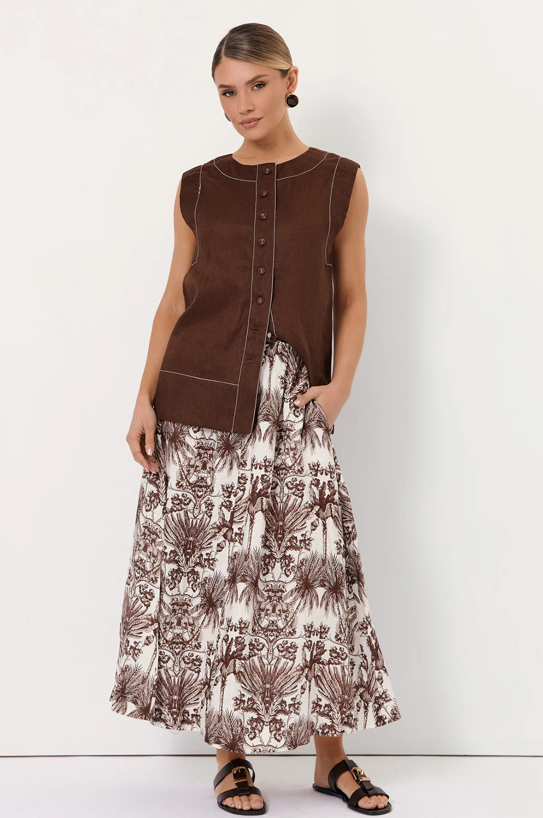 Adorne Lonnie Button Front Longline Linen Top - Chocolate