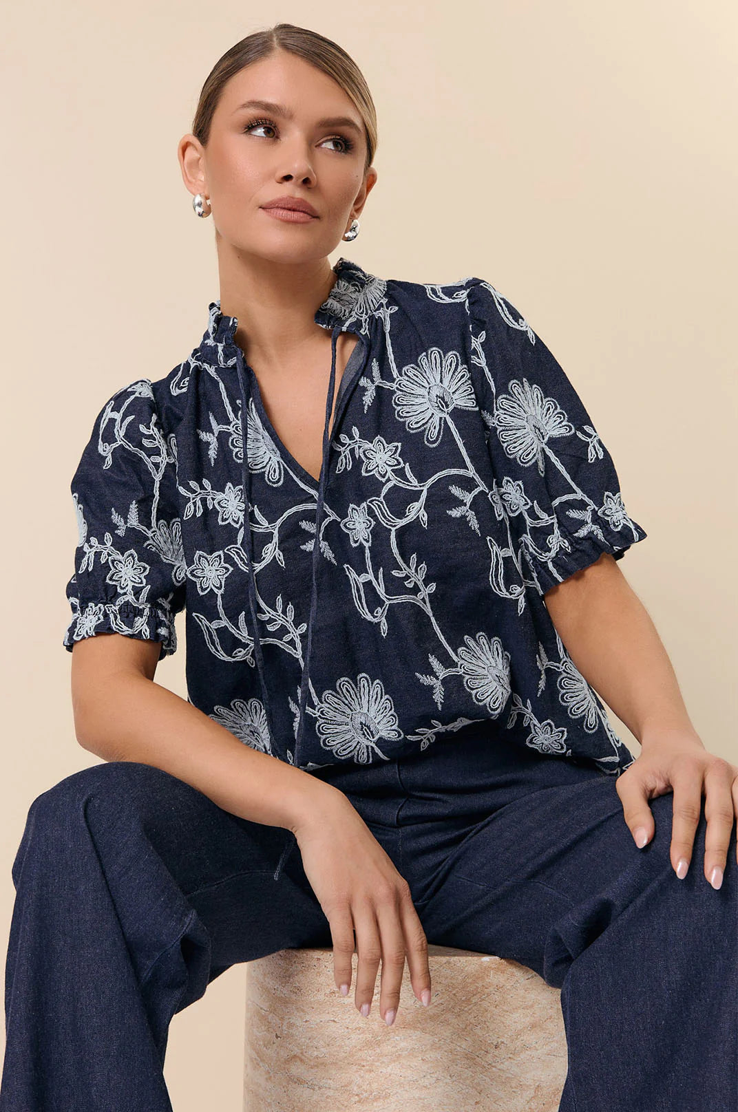 Adorne Sandra Embroidered Denim Top