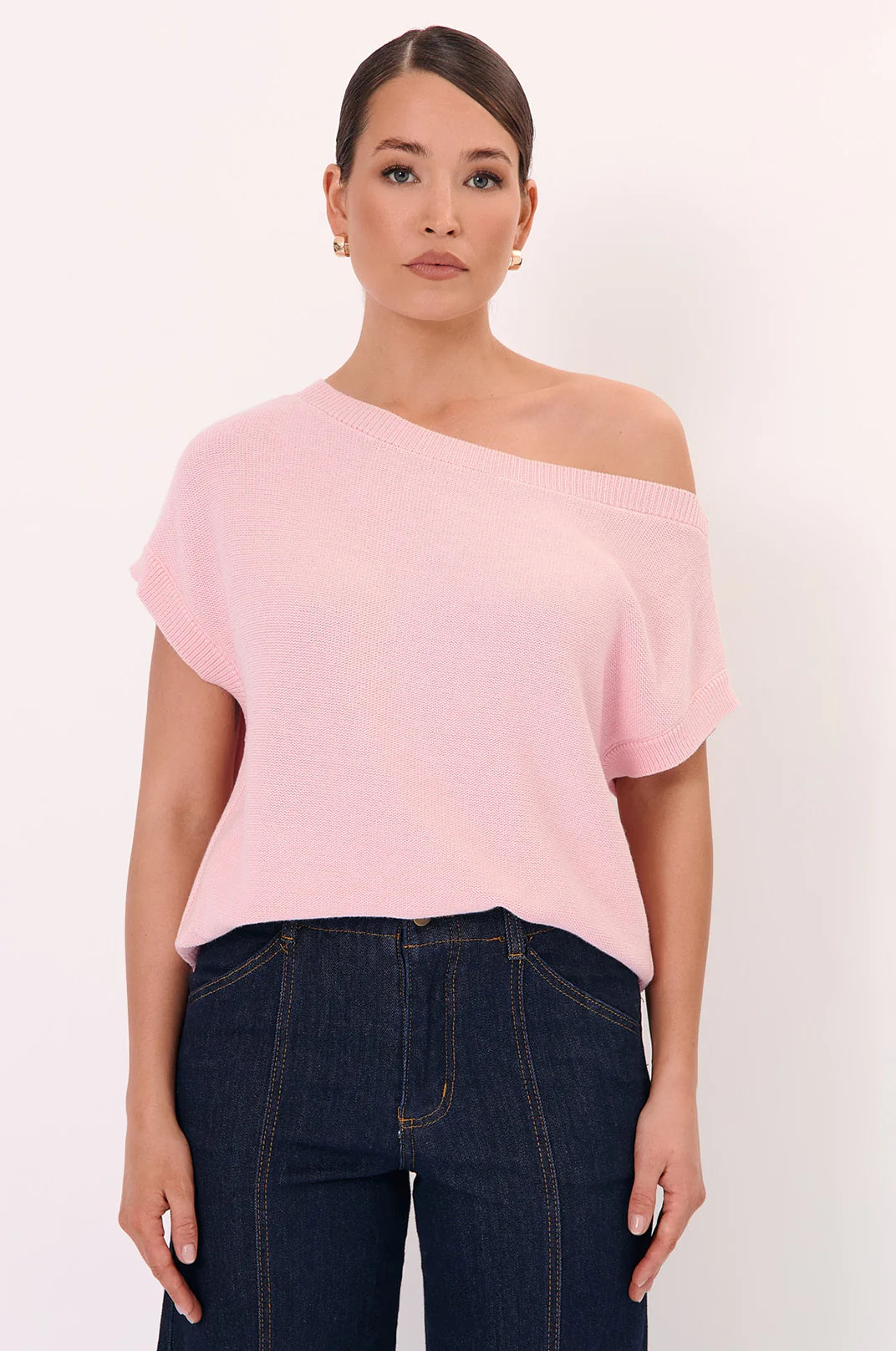 Adorne Terrie Angled Neckline Cotton Knit Top - Pink