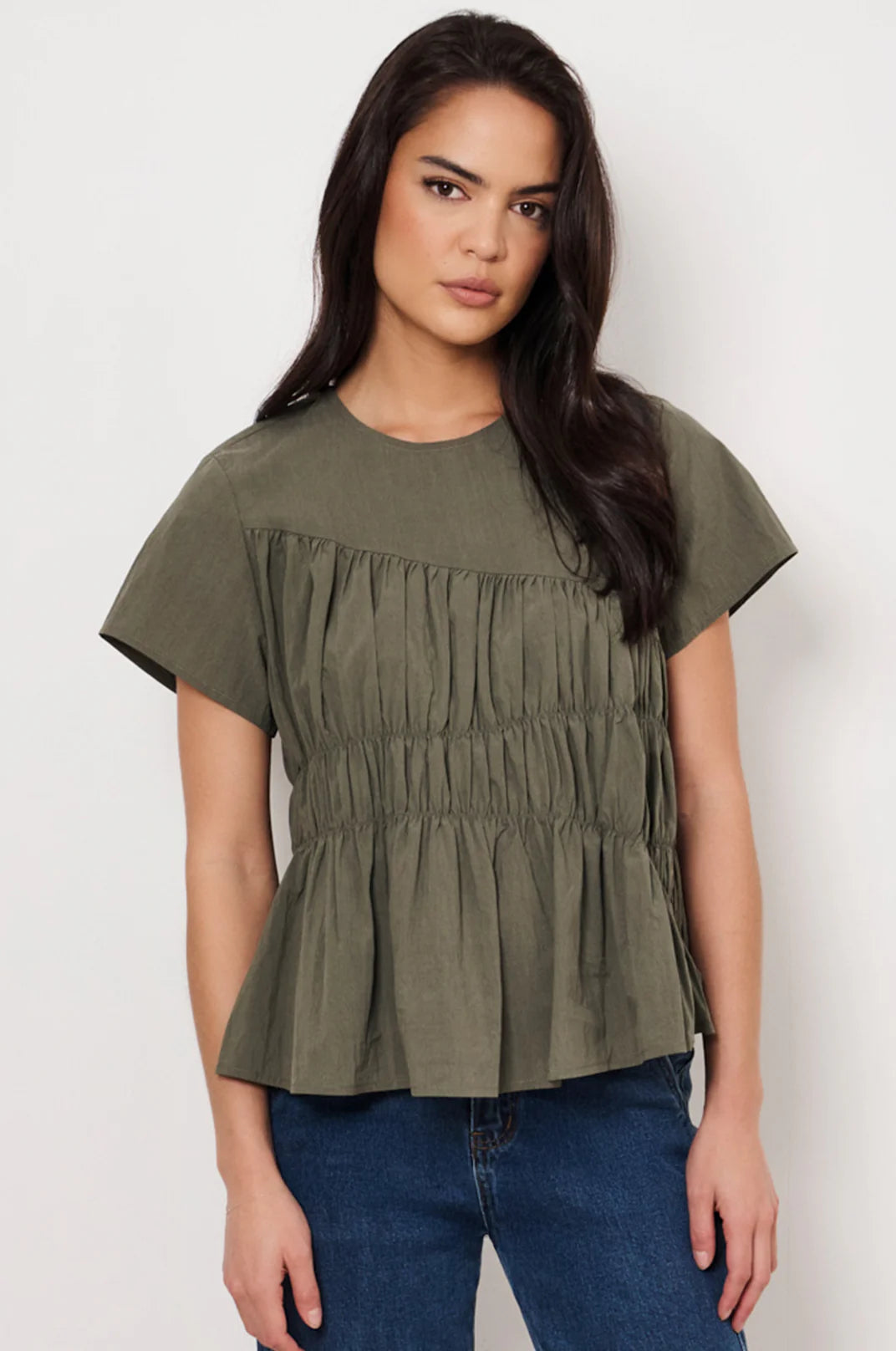 Adorne Evren Cap Sleeve Top - Khaki