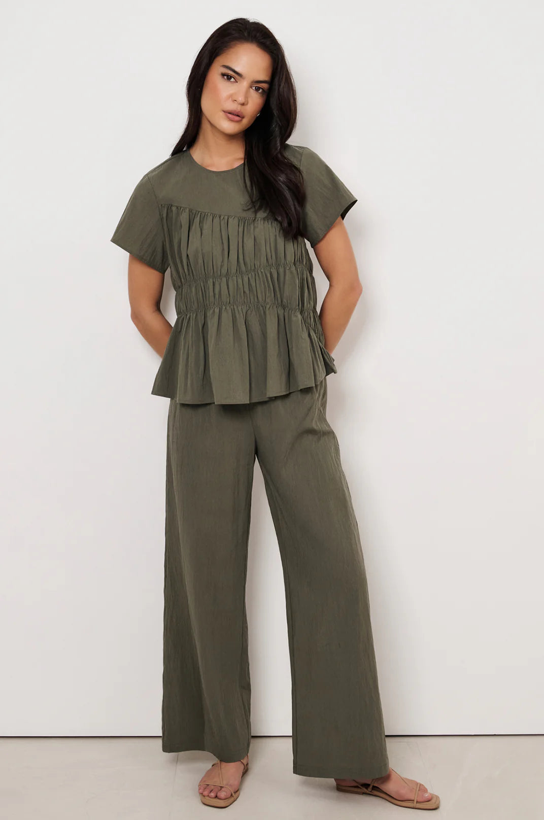 Adorne Evren Cap Sleeve Top - Khaki