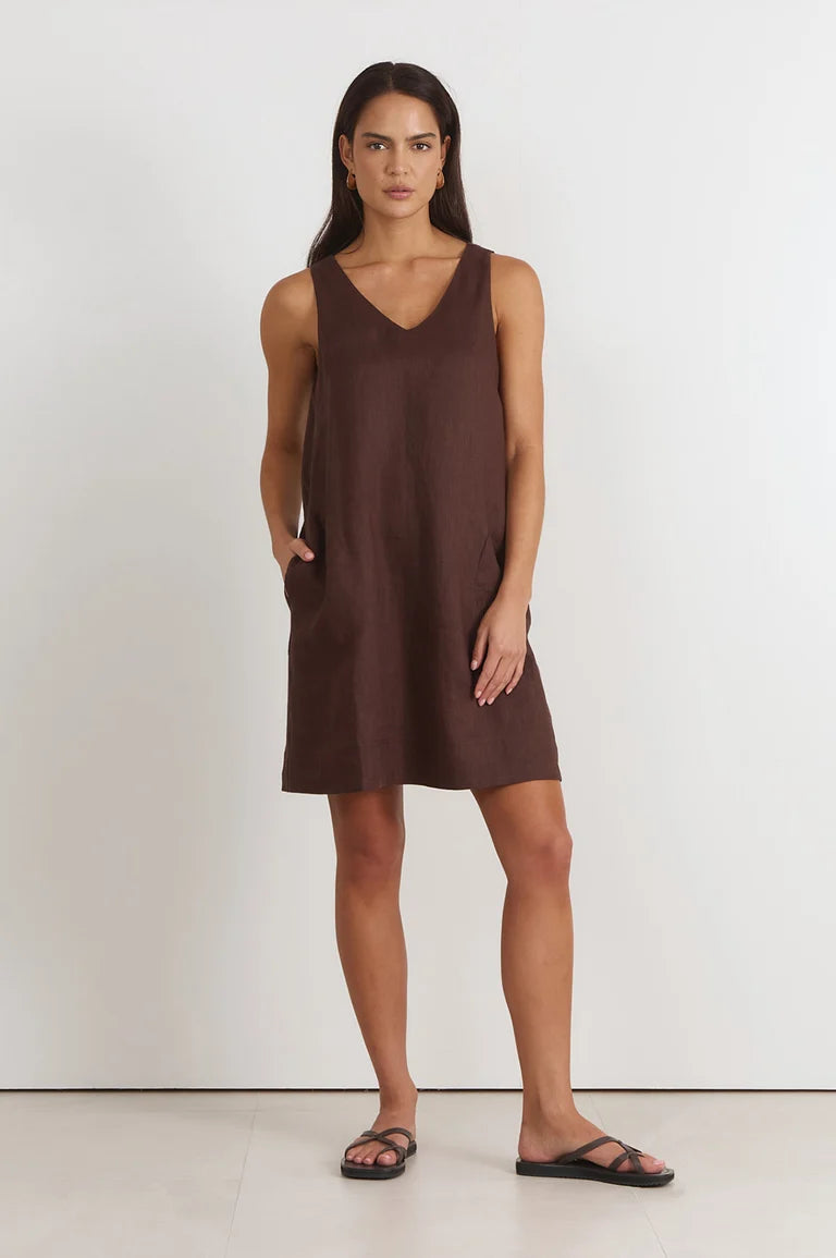 Adorne Simone V Neck Linen Short Dress - Chocolate