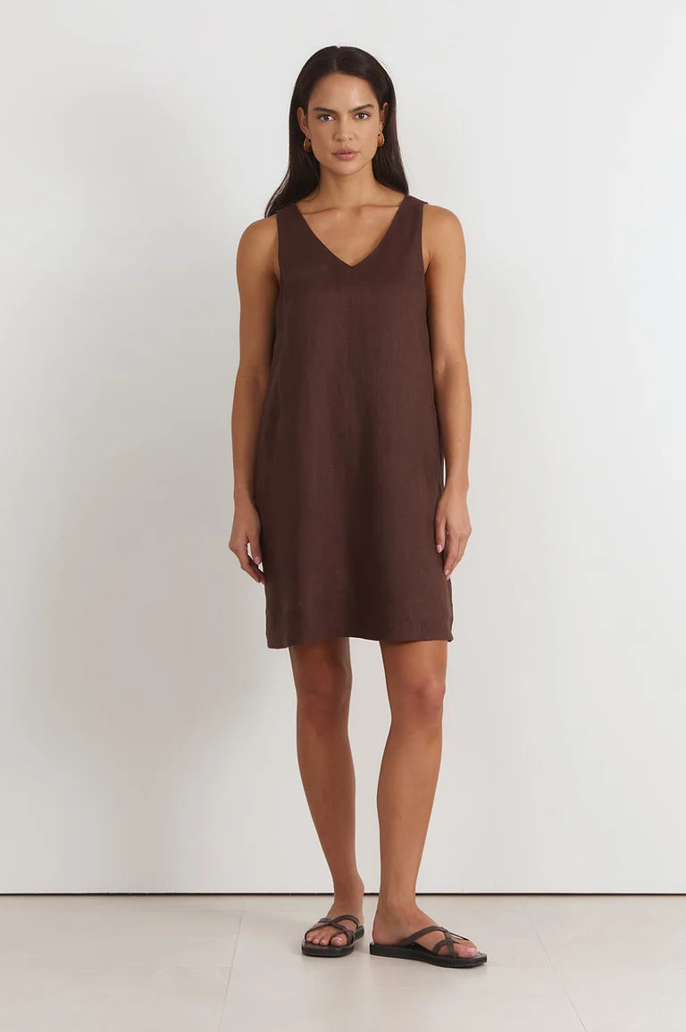 Adorne Simone V Neck Linen Short Dress - Chocolate