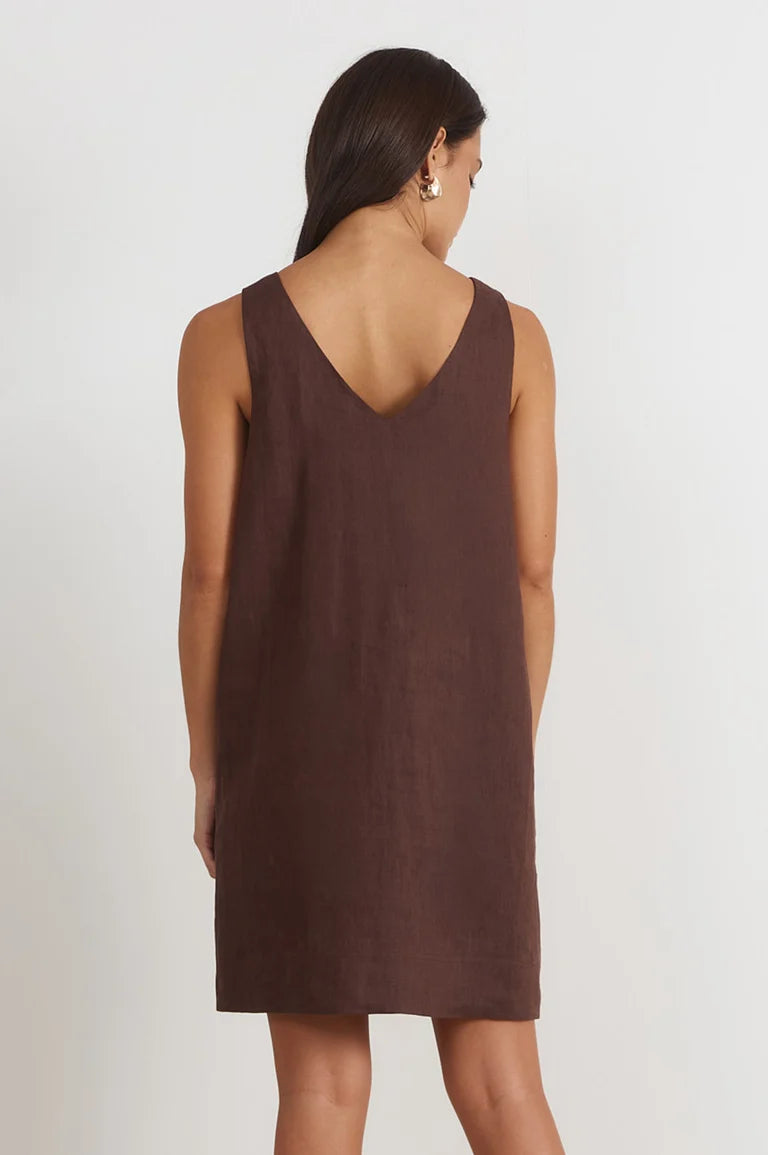 Adorne Simone V Neck Linen Short Dress - Chocolate