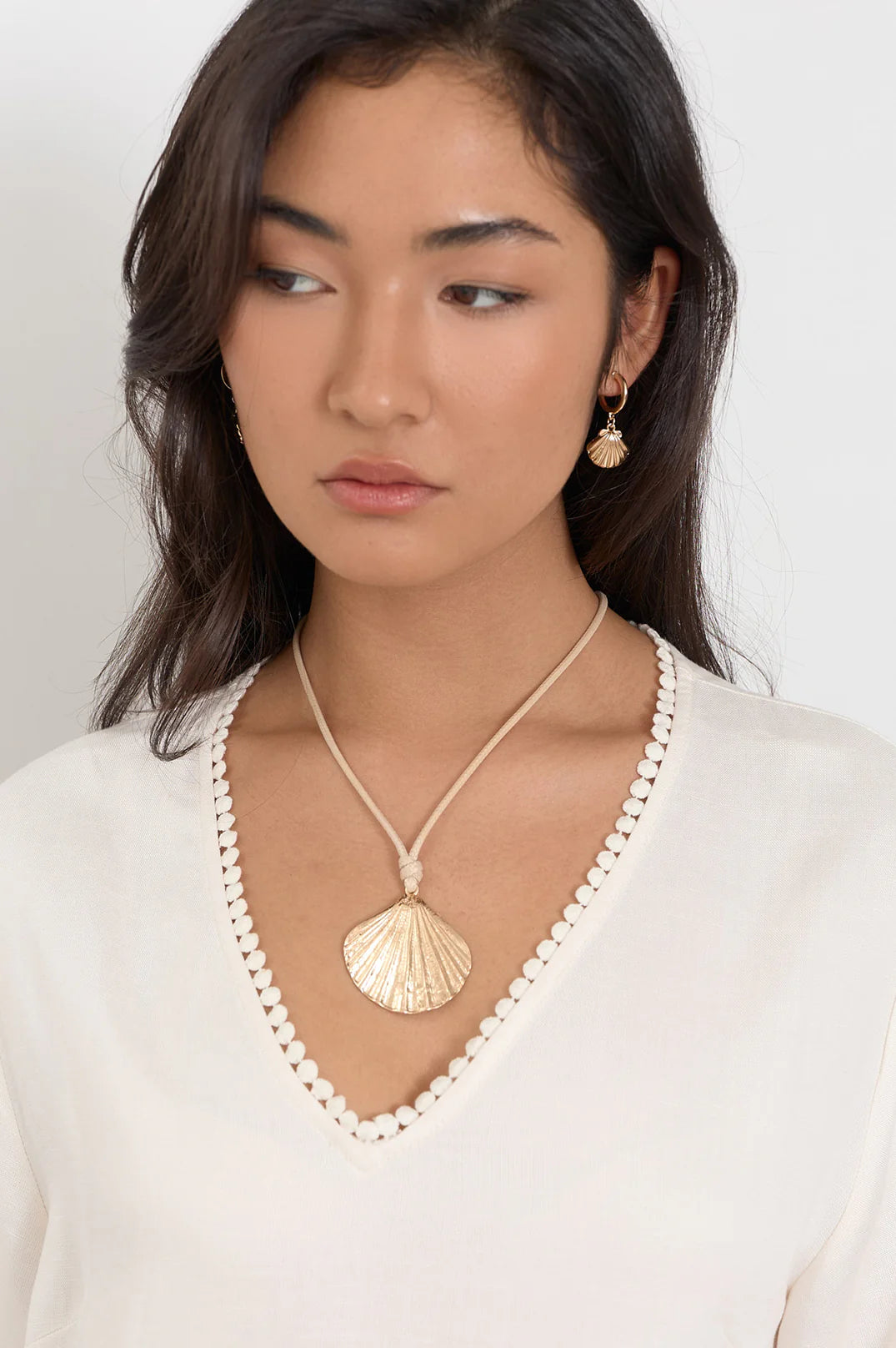Adorne Shell Drop Adjustable Cord Necklace - Camel/Gold