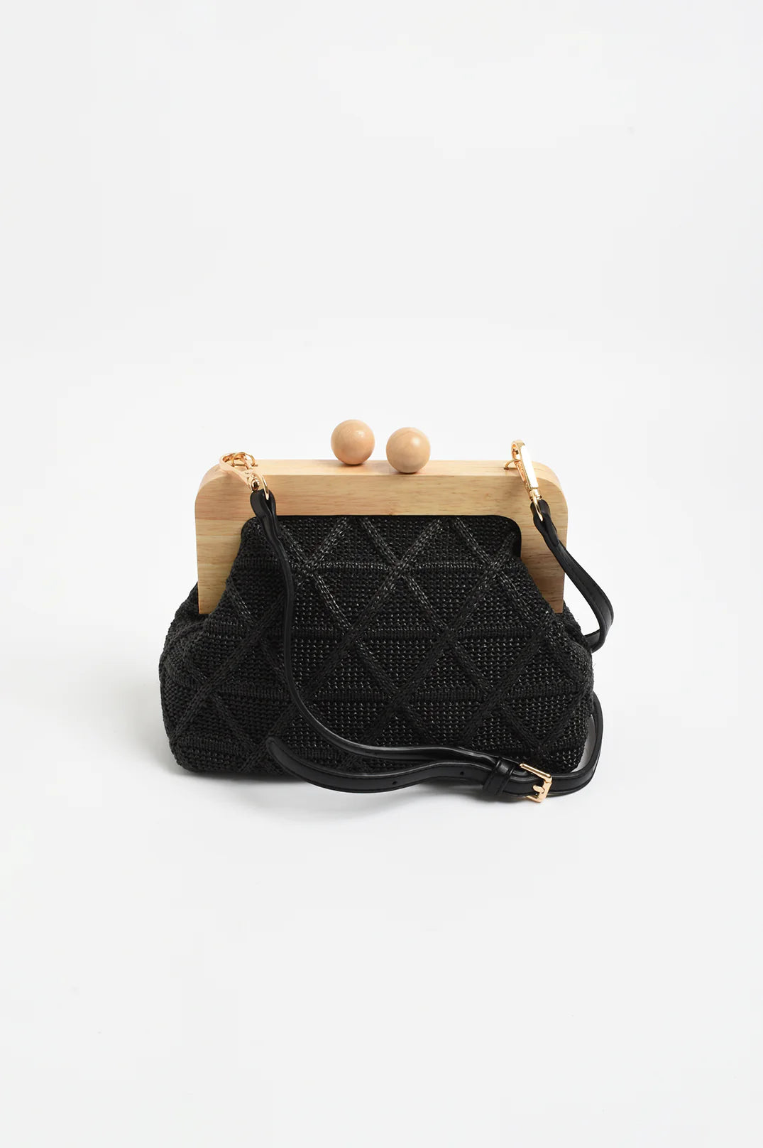 Adorne Tara Diamond Weave Timber Clutch - Black