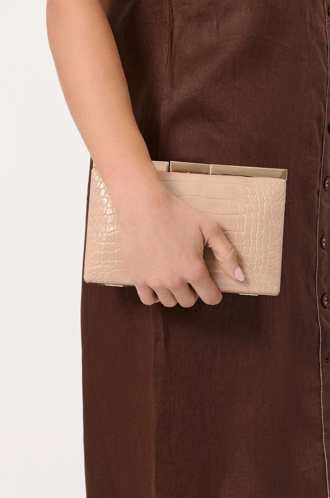 Adorne Savina Croc Structured Clutch - Camel