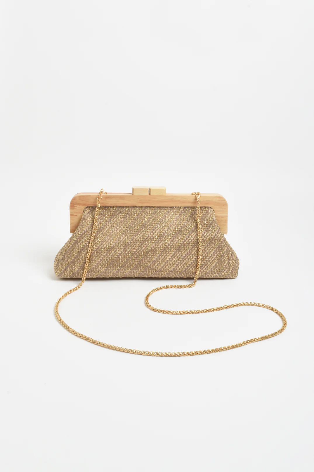 Adorne Carmela Diagonal Weave Timber Frame Clutch - Choc/Gold