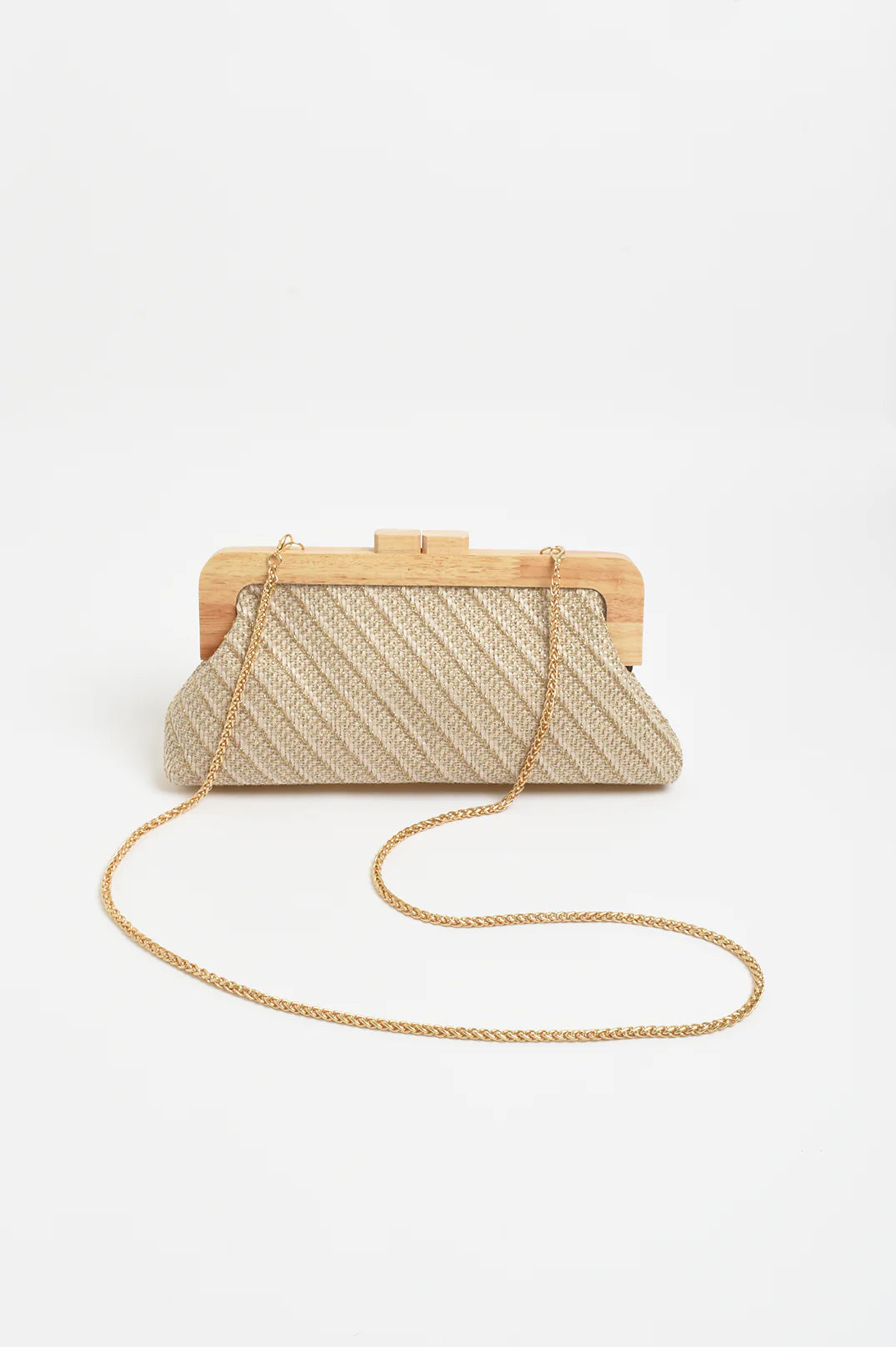 Adorne Carmela Diagonal Weave Timber Frame Clutch - Natural