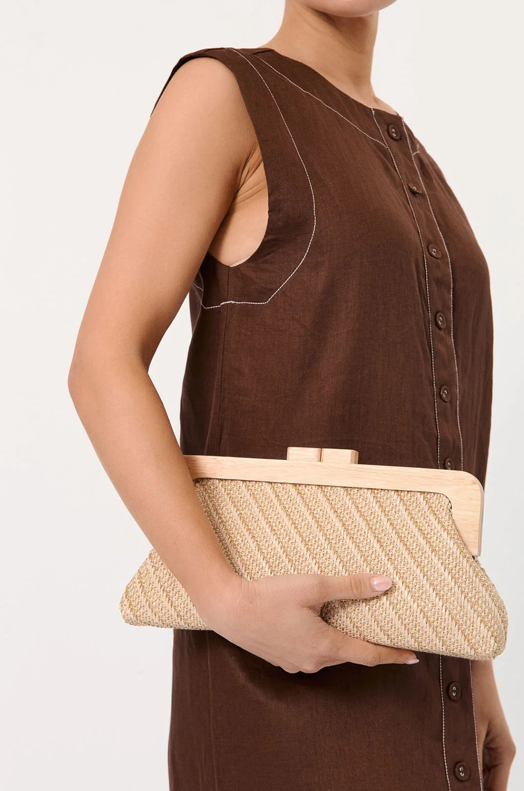 Adorne Carmela Diagonal Weave Timber Frame Clutch - Natural