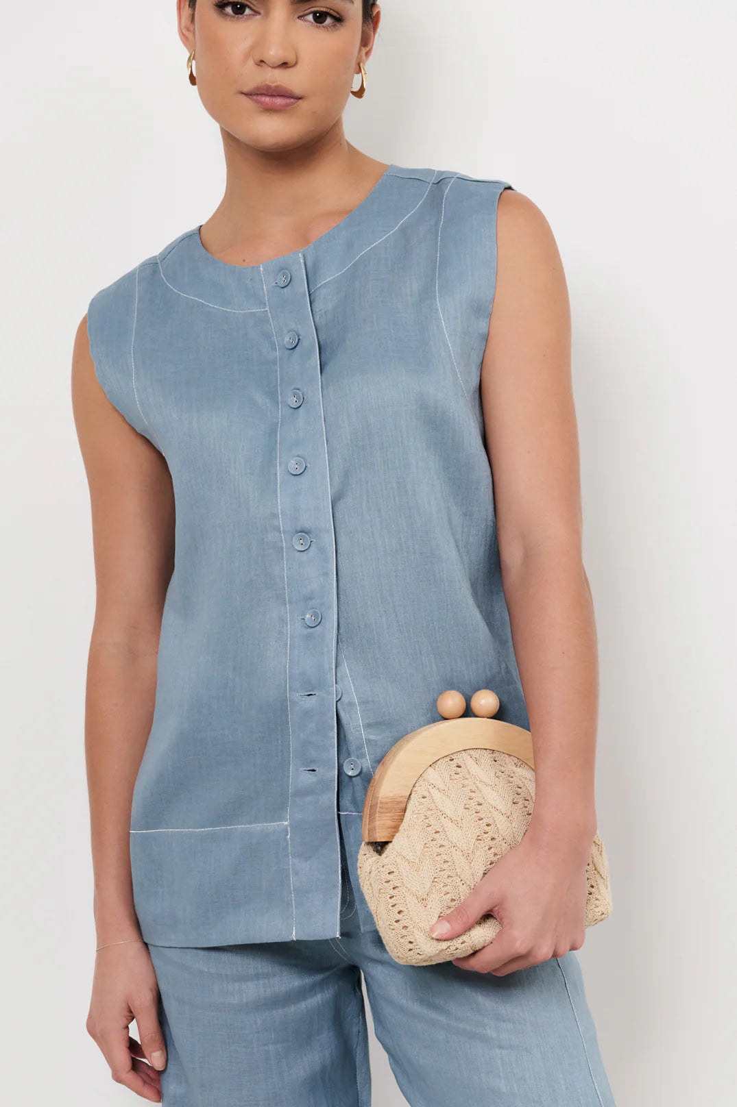 Adorne Arrow Light Weave Timber Frame Clutch - Natural