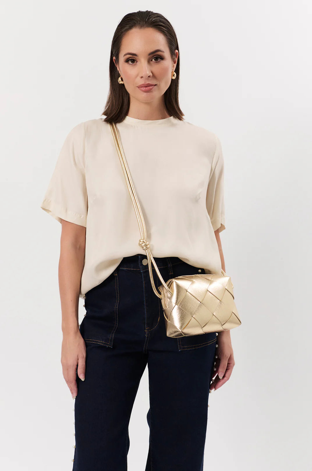 Adorne Elodie Weave Crossbody Bag - Gold