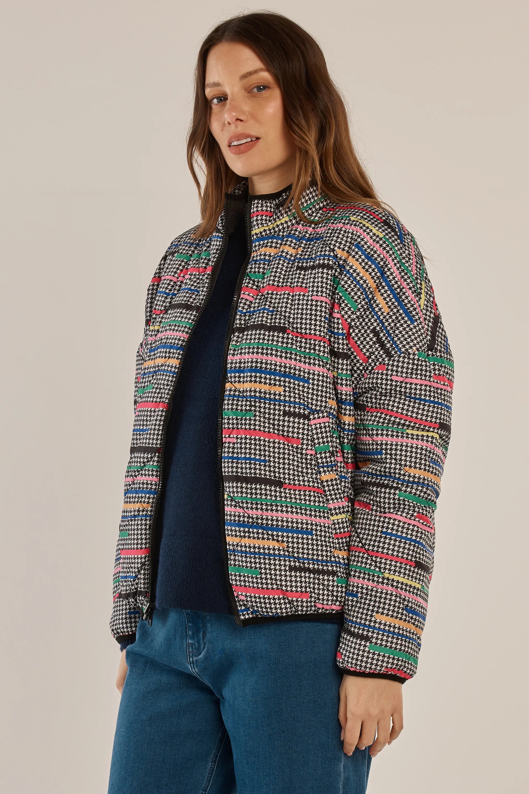 Betty Basics Finch Reversible Jacket - Rainbow Houndstooth/Black