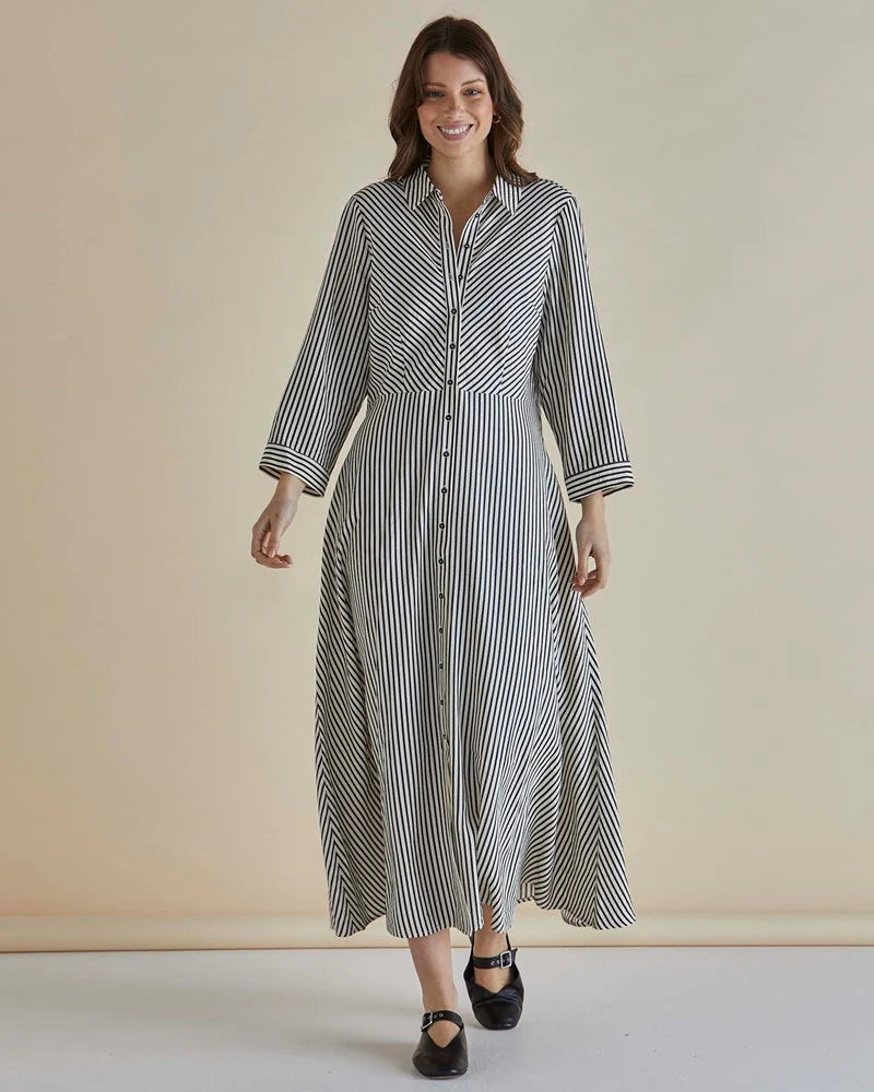 Betty Basics Crinkle Dress - Black/Cream Stripe