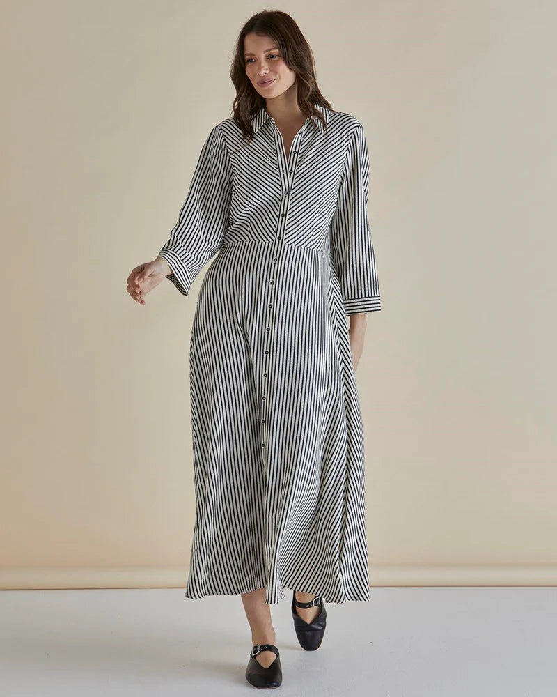 Betty Basics Crinkle Dress - Black/Cream Stripe