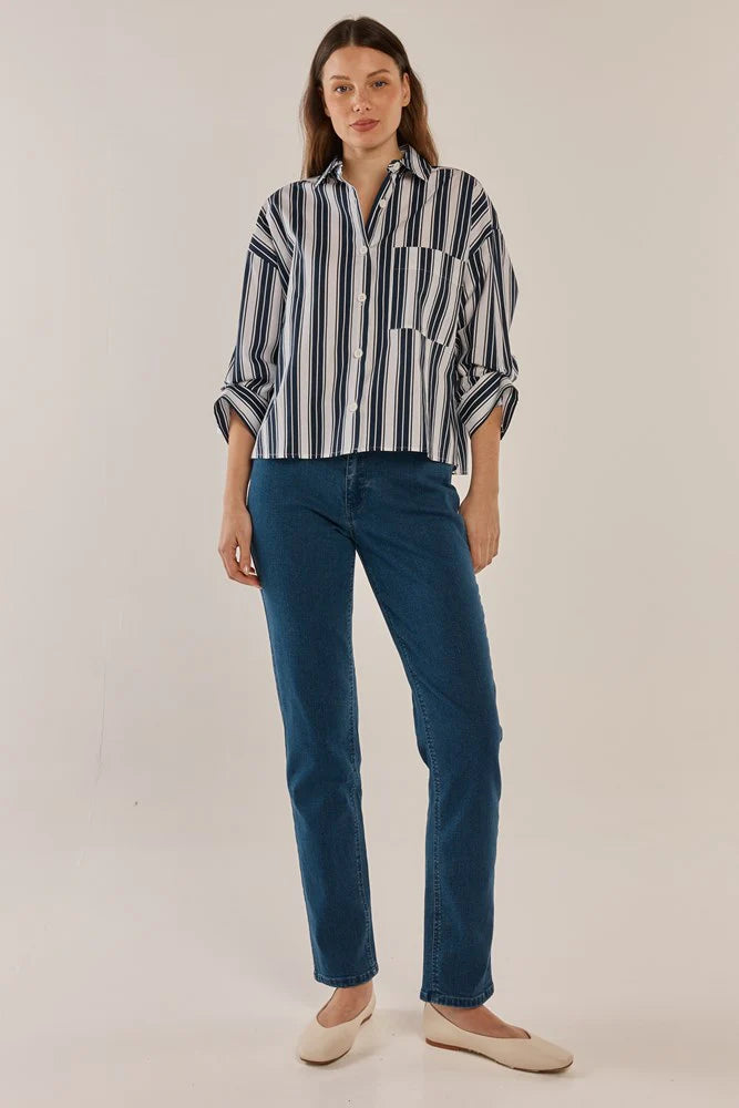 Betty Basics Erin Crop Shirt - Navy/White Stripe