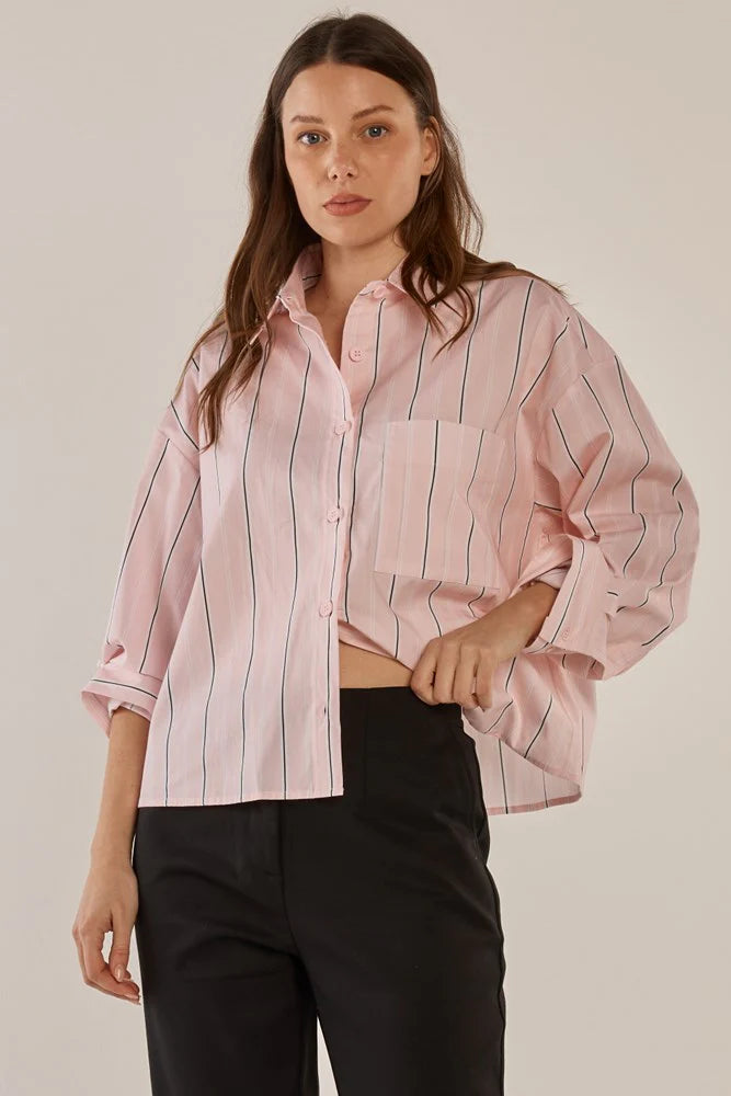 Betty Basics Erin Crop Shirt - Pink/Chocolate Stripe