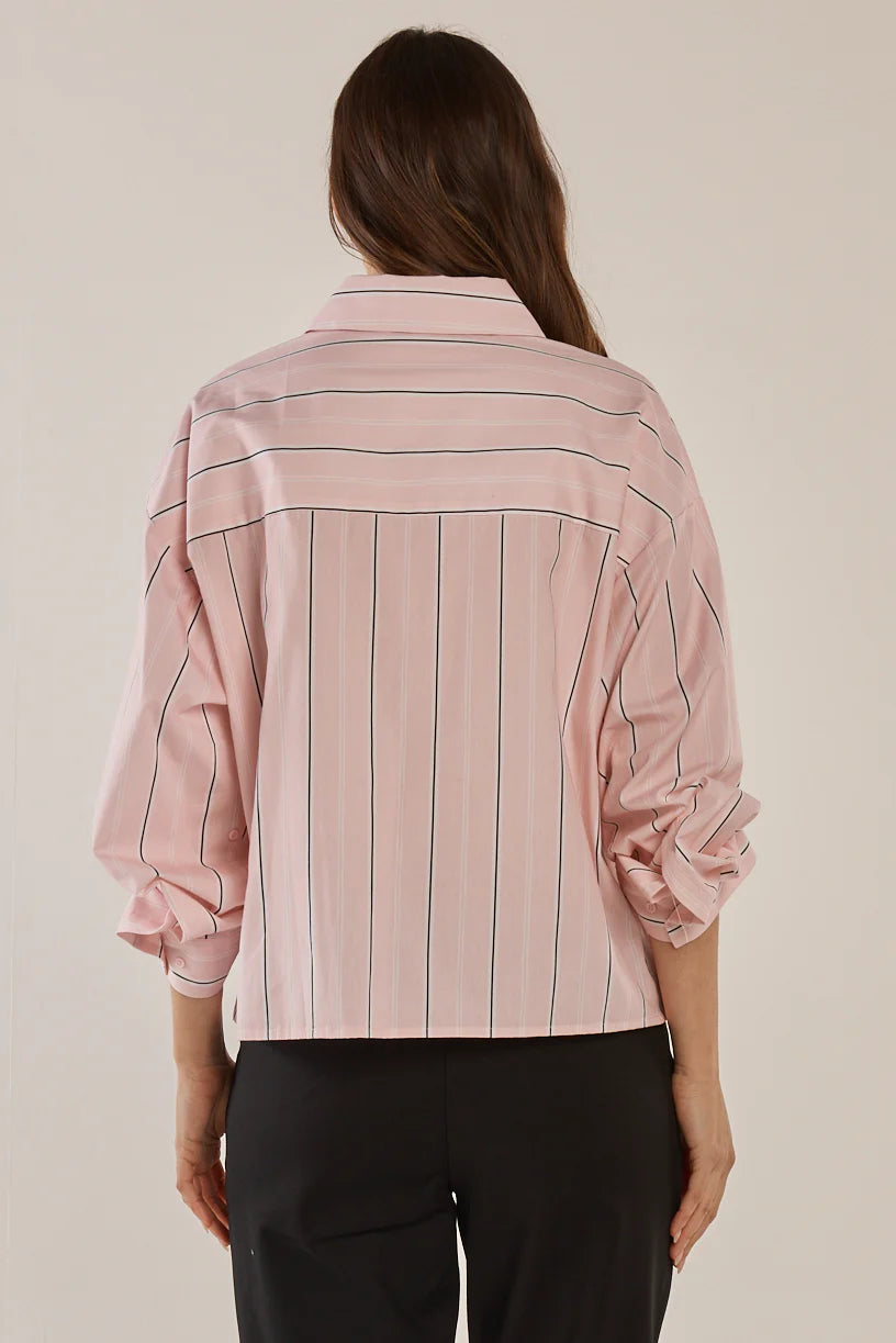 Betty Basics Erin Crop Shirt - Pink/Chocolate Stripe