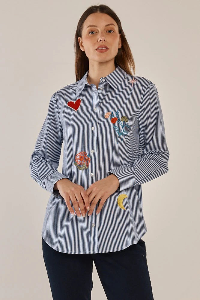 Betty Basics Amelia Shirt - Floral Navy Stripe