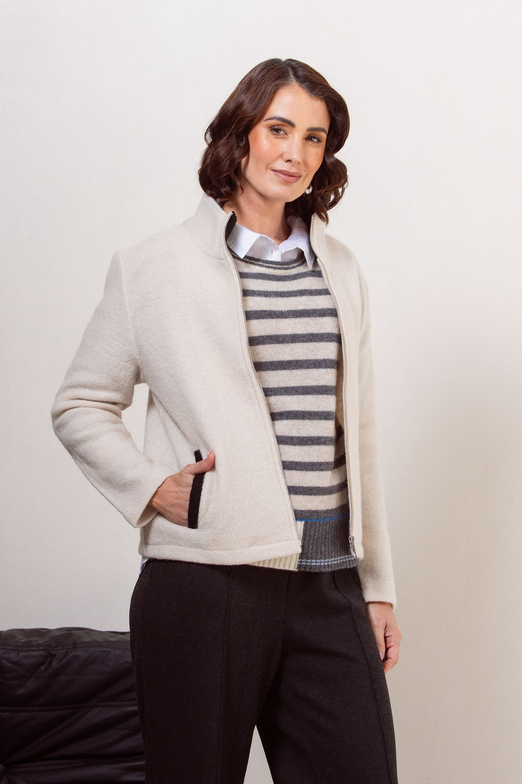 See Saw Colour Trim Zip Jacket - Cream/Black