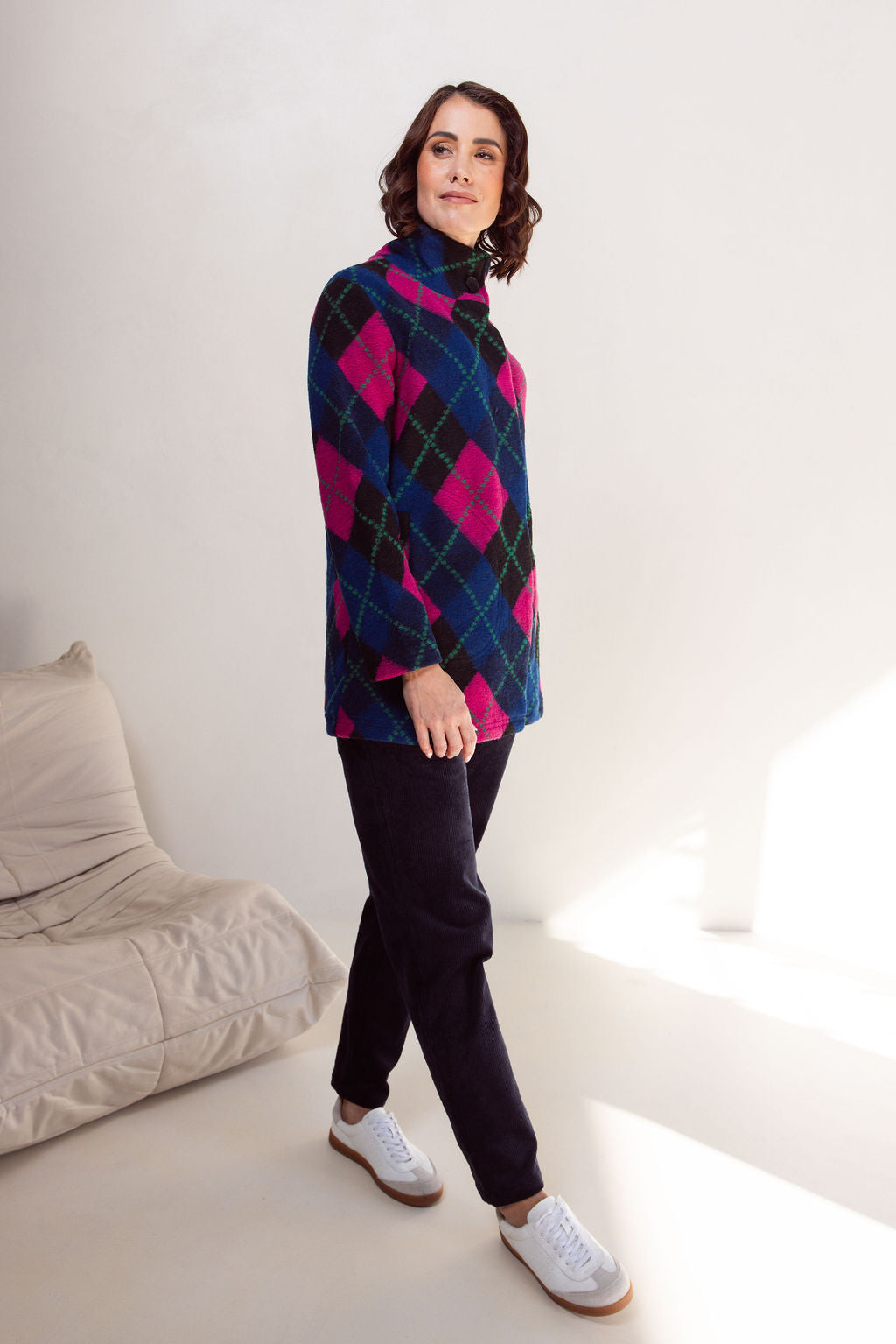 See Saw Plaid Funnel Neck Coat - Black/Pink/Green/Navy