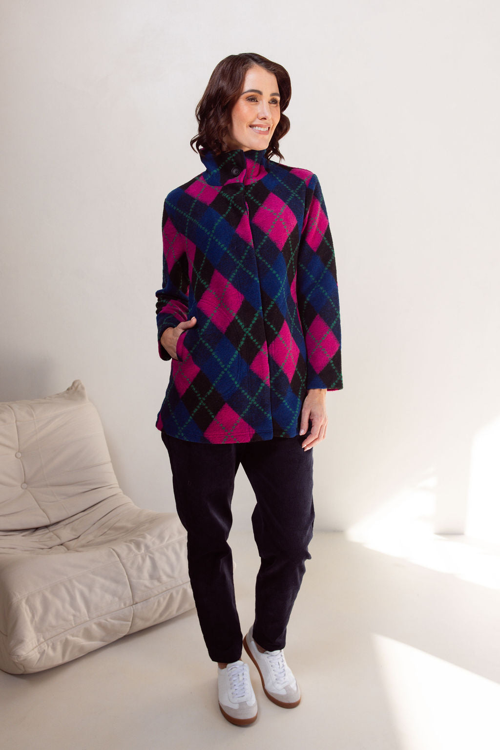 See Saw Plaid Funnel Neck Coat - Black/Pink/Green/Navy