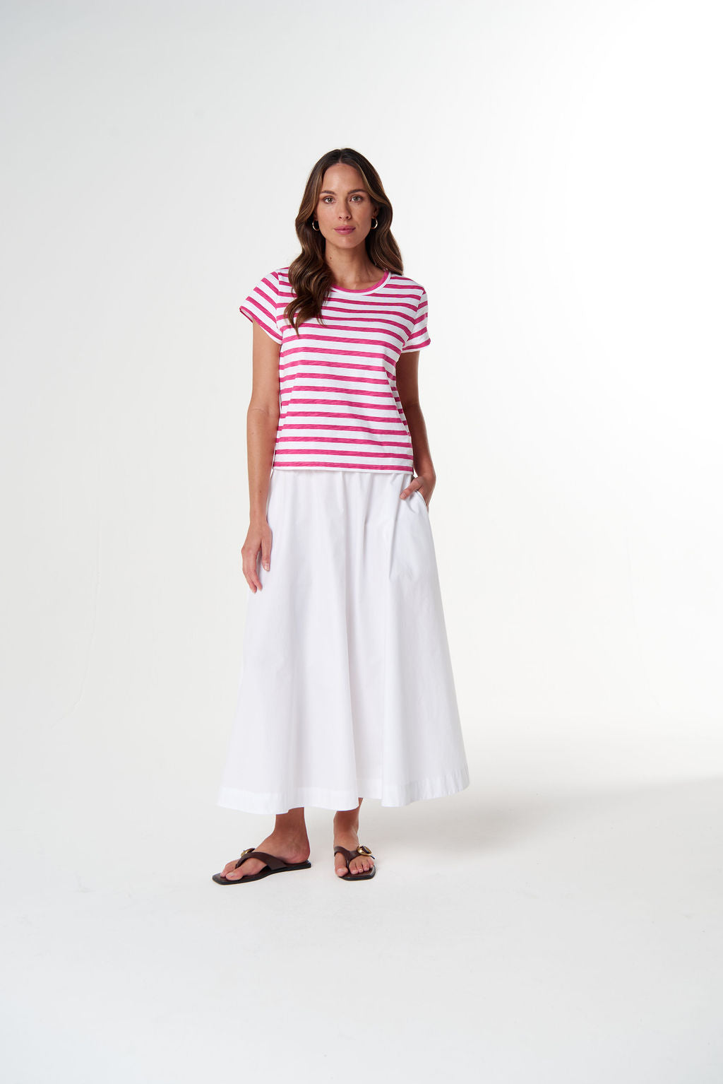 Cloth+Paper+Scissors The Straight Cut Striped Tee - White/Carmine Rose