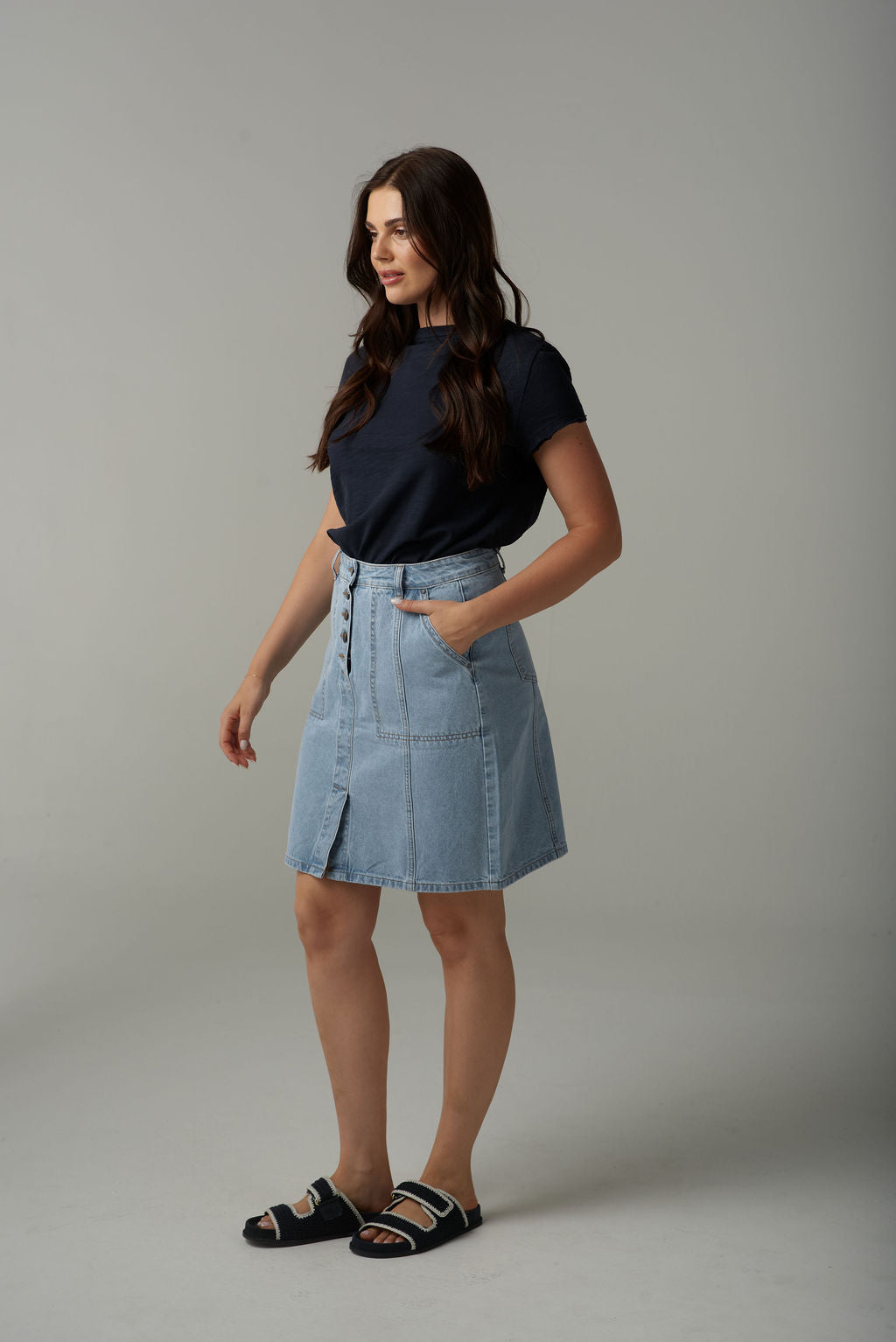 Cloth+Paper+Scissors Button Through Denim Skirt - Light Blue