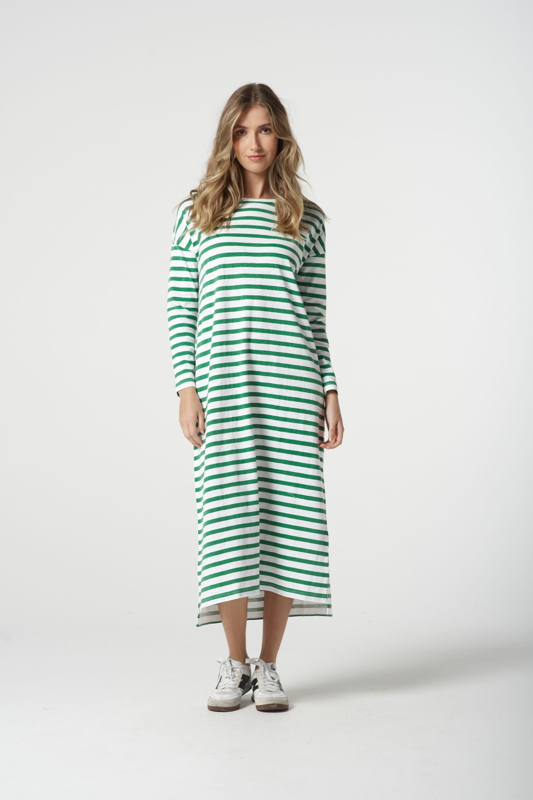 Cloth+Paper+Scissors Stripe Slub Long Sleeve Dress - White/Jolly Green