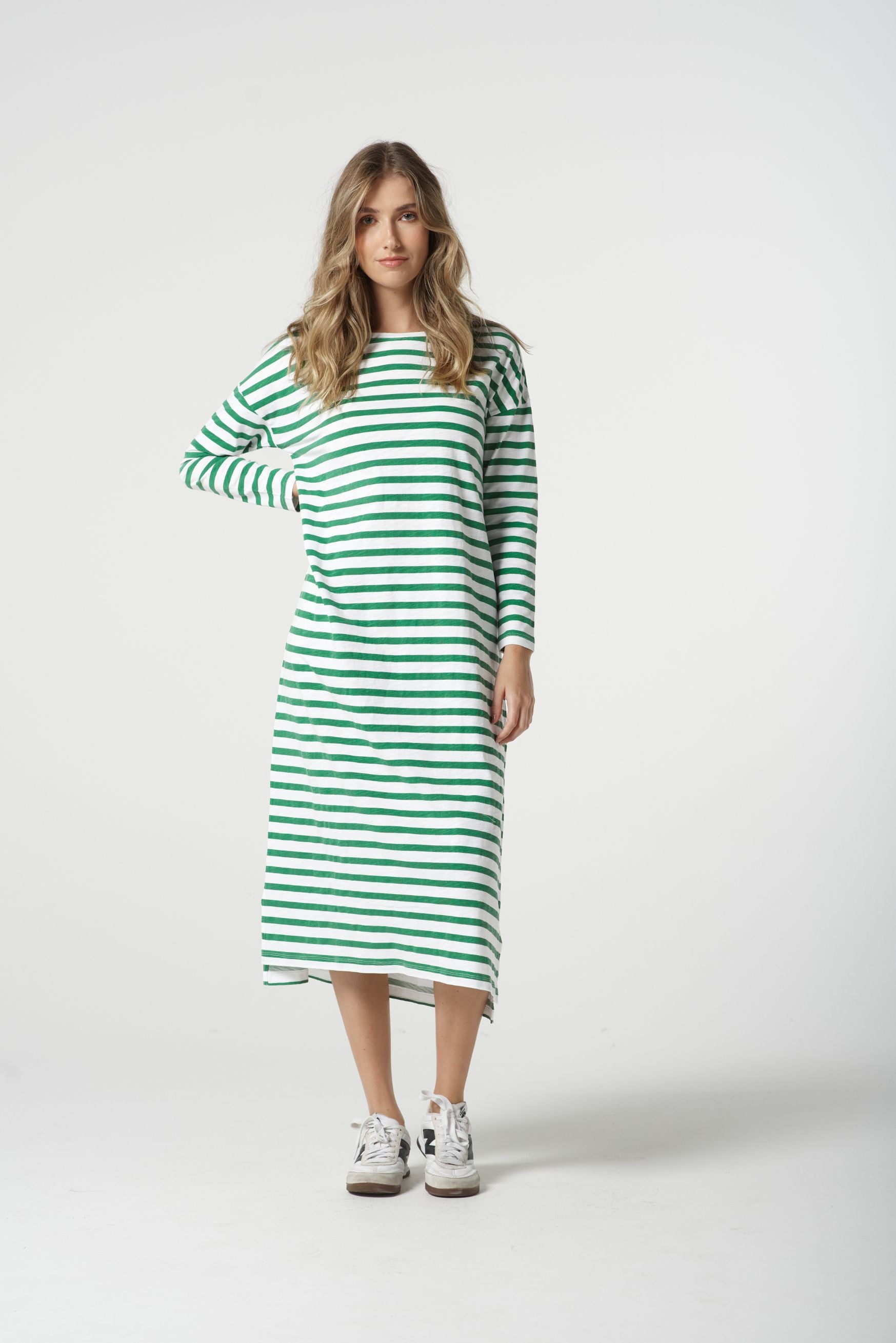 Cloth+Paper+Scissors Stripe Slub Long Sleeve Dress - White/Jolly Green