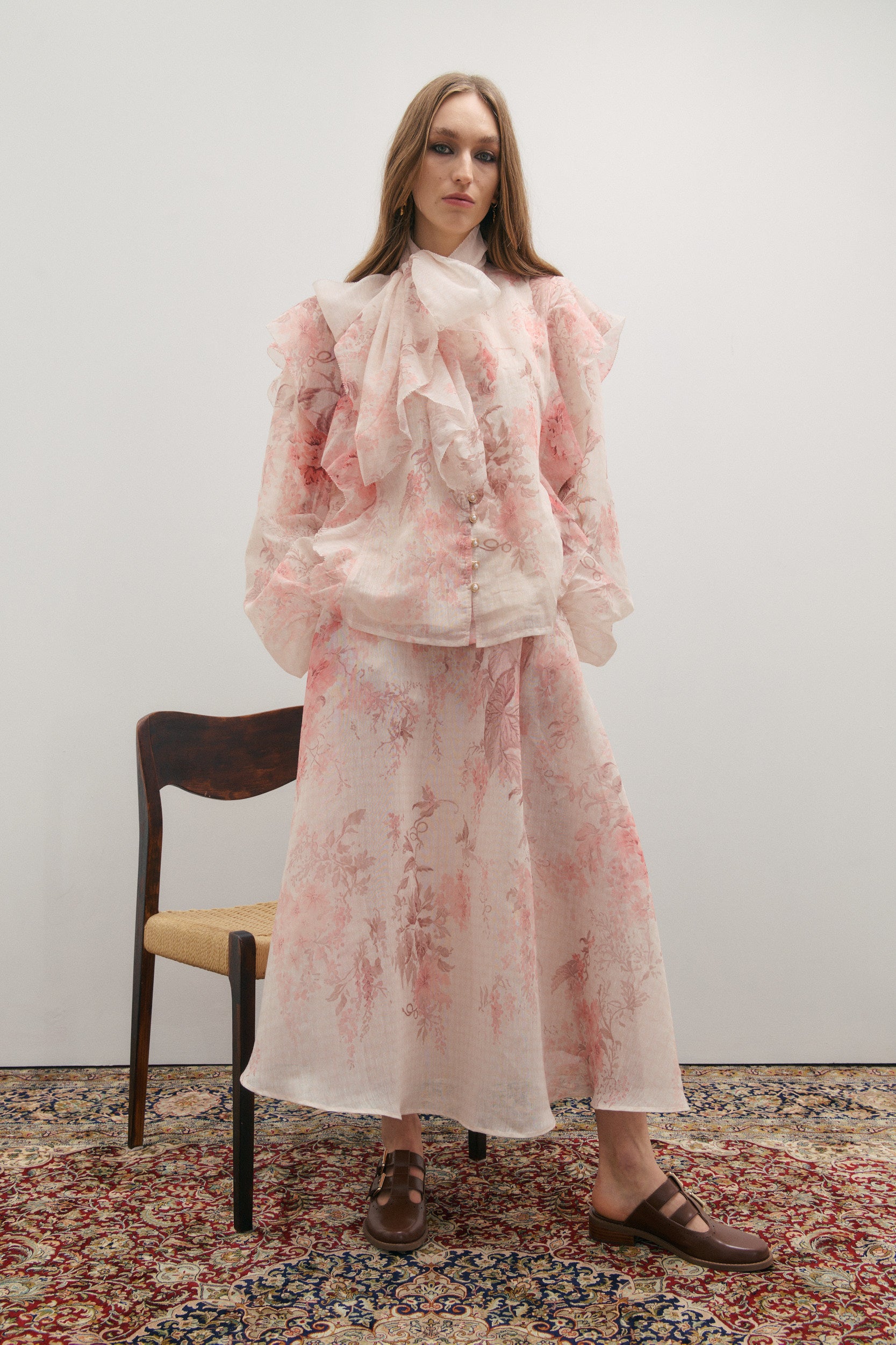 Maevarii Chloe Ruffle Bow Blouse - Floating Frost Flowers