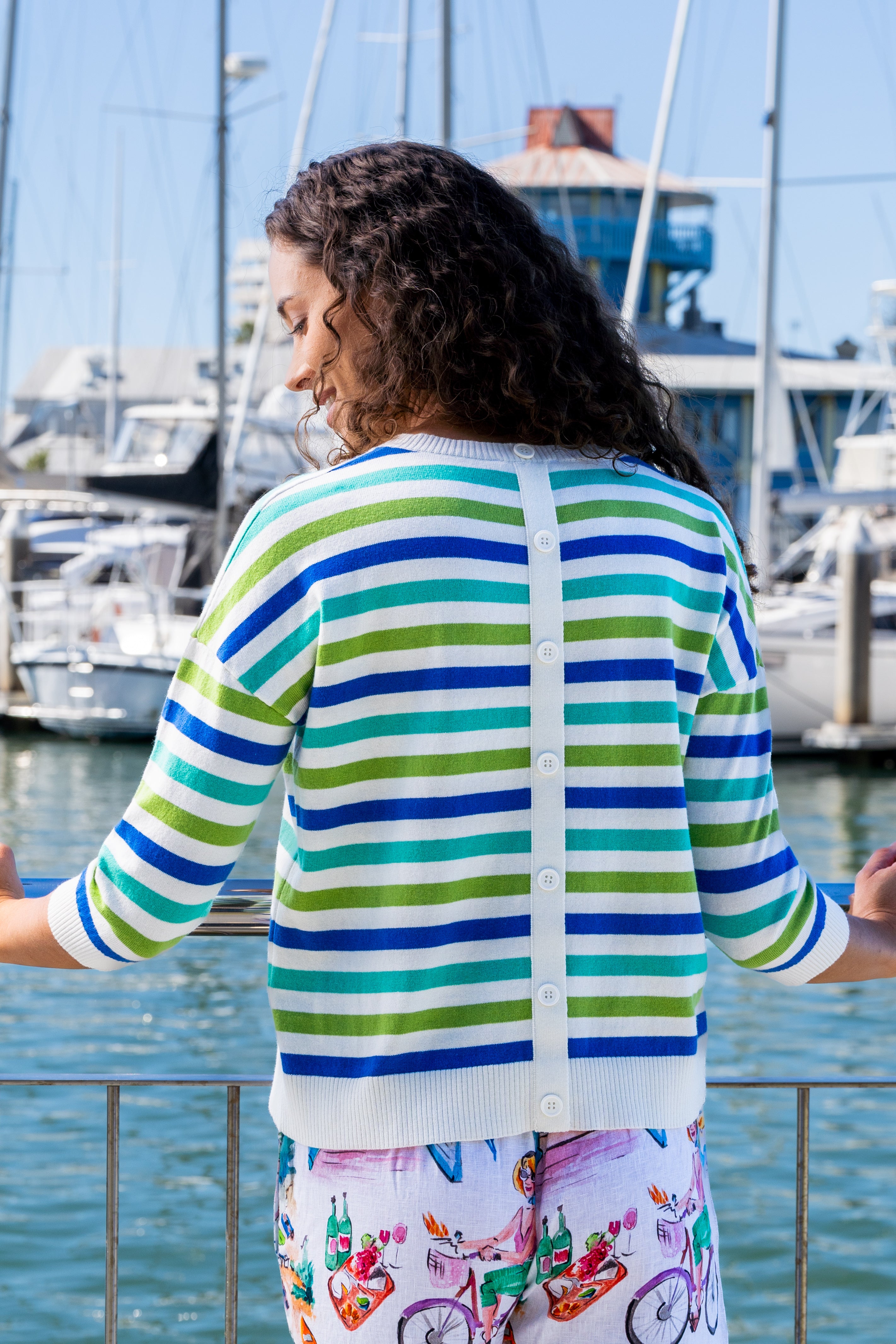 Kaleido 7/8 Sleeve Button Back Multi Stripe Top