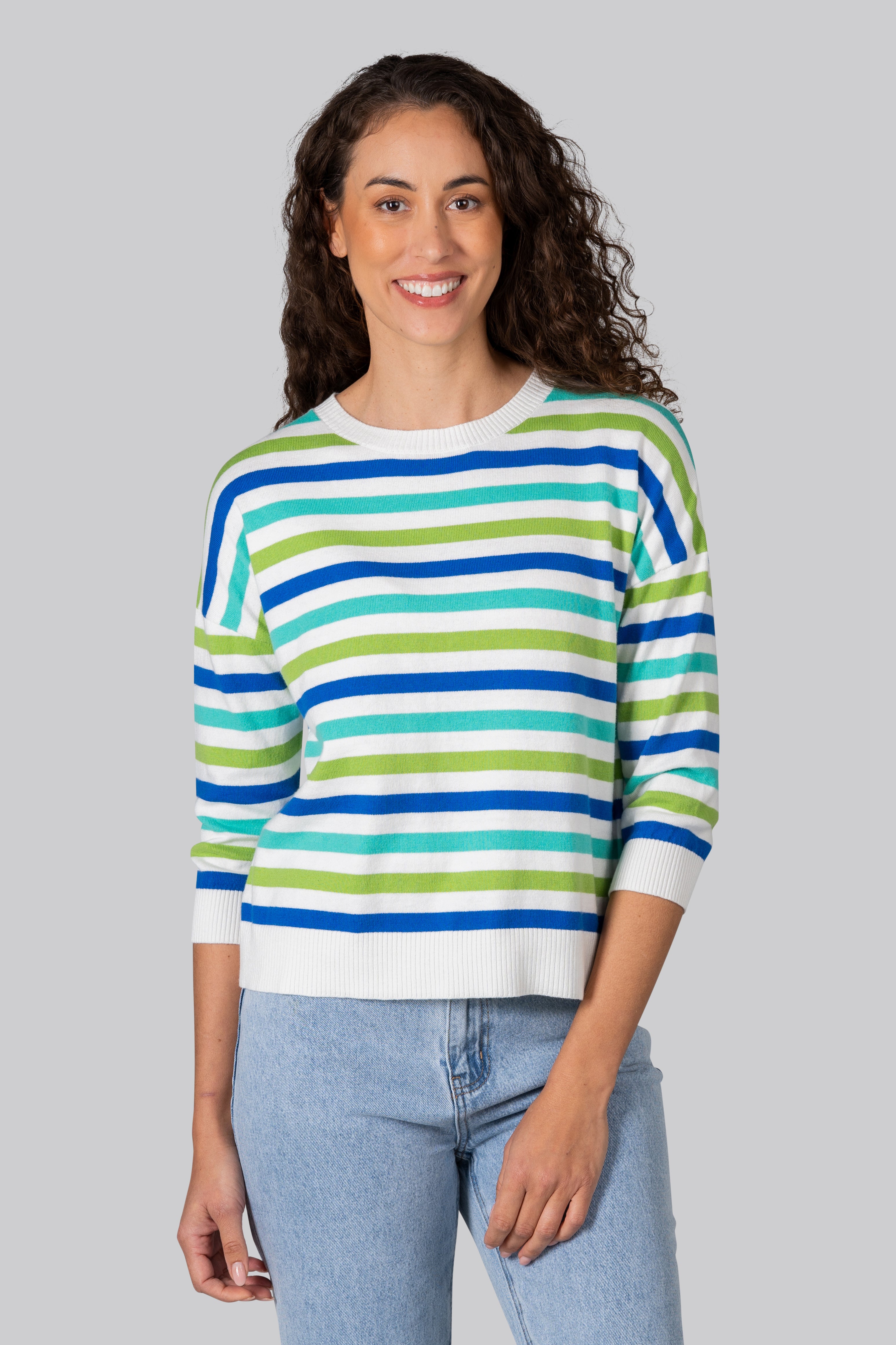 Kaleido 7/8 Sleeve Button Back Multi Stripe Top