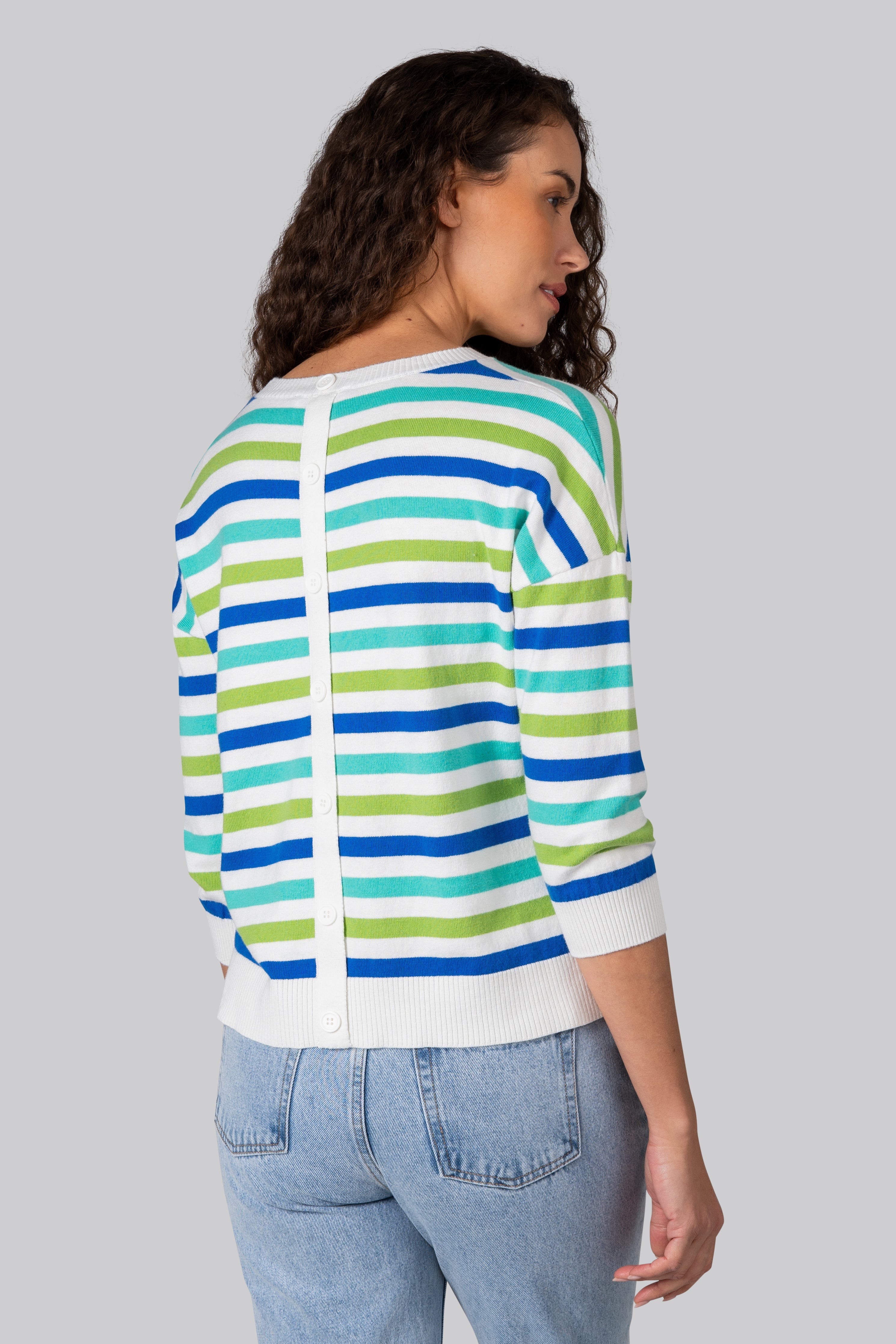 Kaleido 7/8 Sleeve Button Back Multi Stripe Top