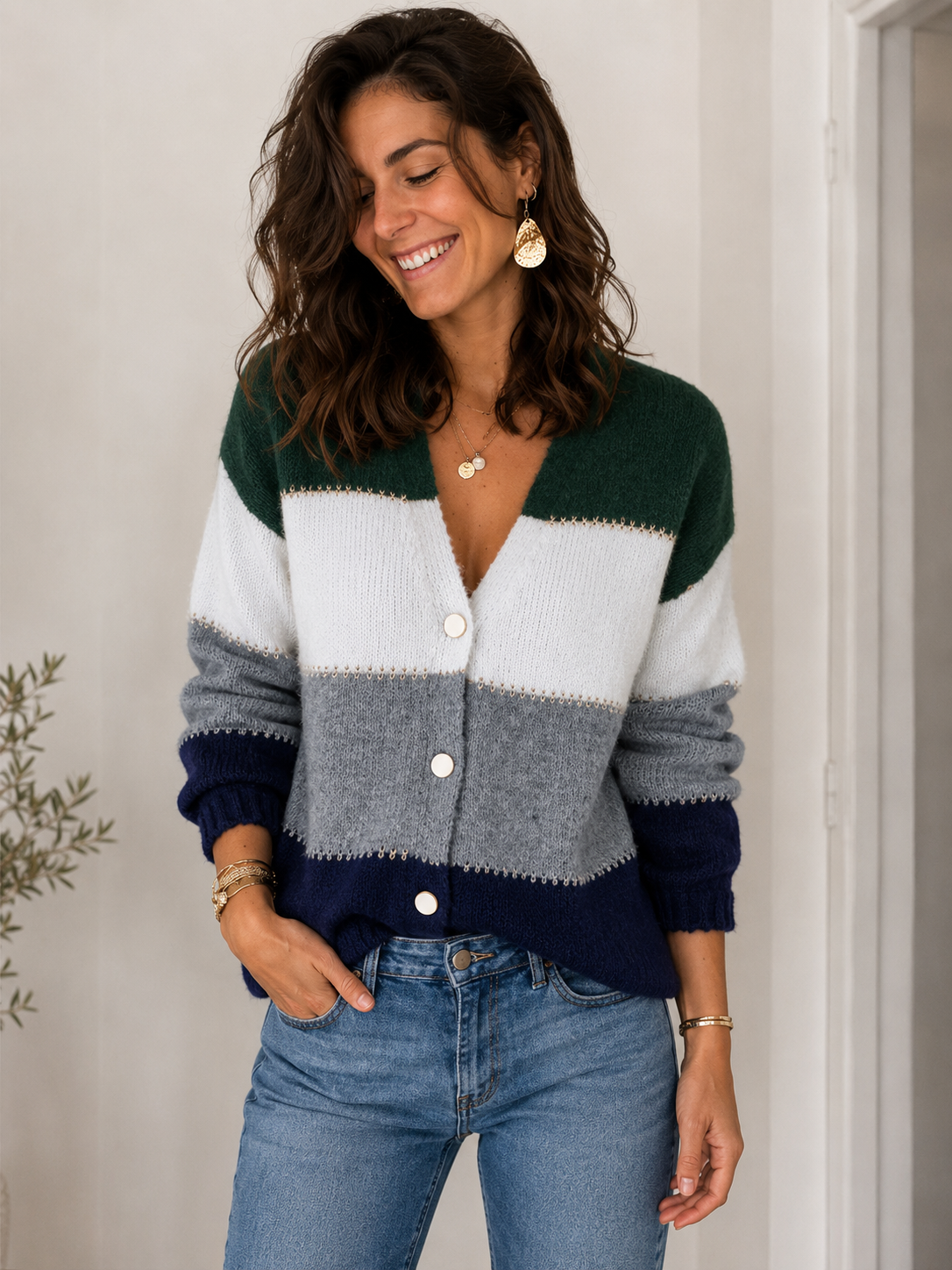 Smaibulun Everyday Colour Block Cardi - Olive/Oatmeal/Grey/Navy