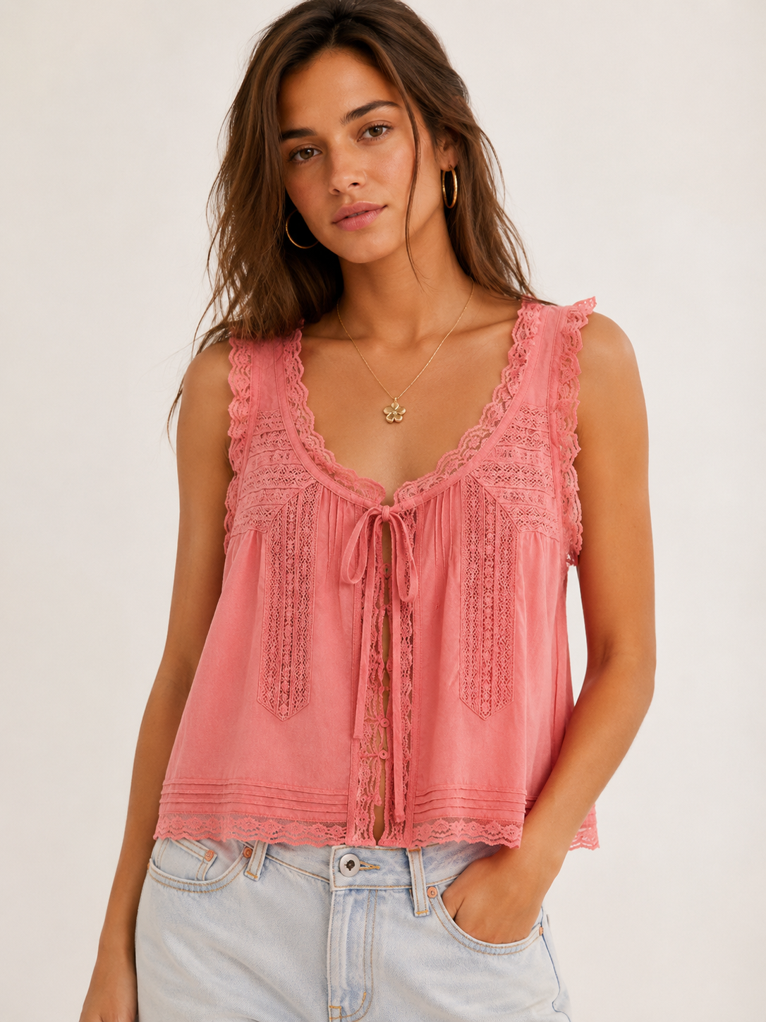 Smaibulun Lace Detail Cotton Top - Peach
