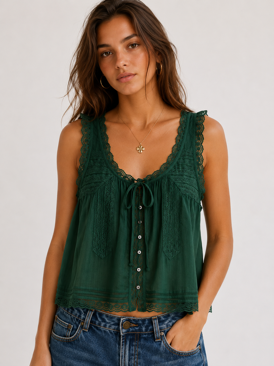 Smaibulun Lace Detail Cotton Top - Dark Green