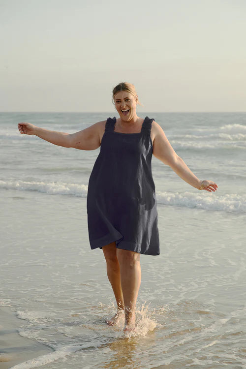 Adrift Claire Short Linen Dress - Navy